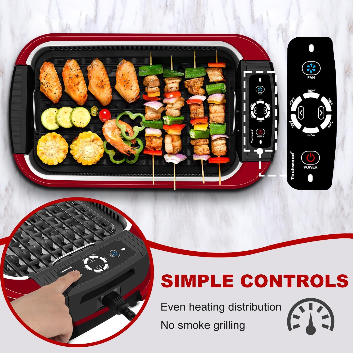 Techwood Indoor Smokeless Grill 1500W Electric Grill with Tempered Glass Lid, Compact  Portable Non-Stick BBQ Grill with Turbo Smoke Extractor Technology, LED Smart Control Panel, Red