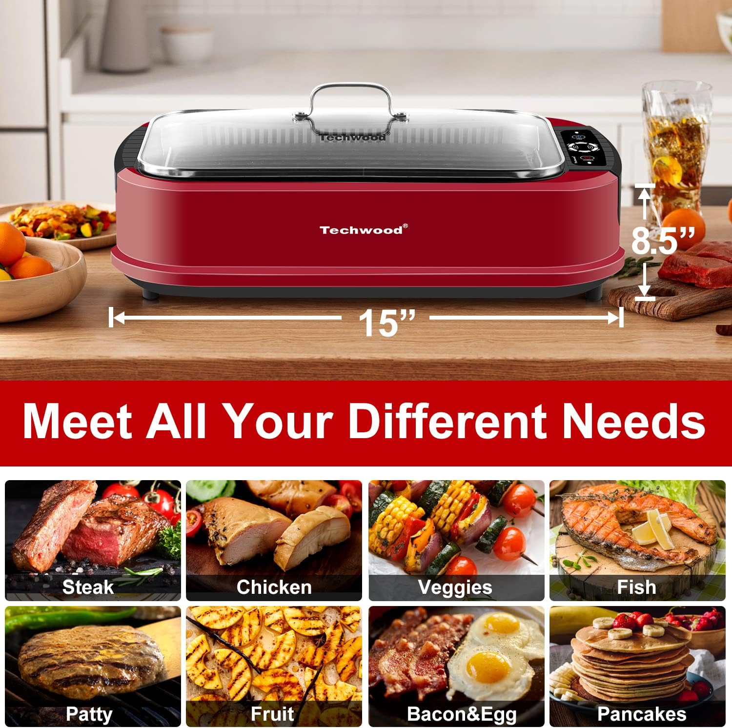 Techwood Indoor Smokeless Grill 1500W Electric Grill with Tempered Glass Lid, Compact  Portable Non-Stick BBQ Grill with Turbo Smoke Extractor Technology, LED Smart Control Panel, Red