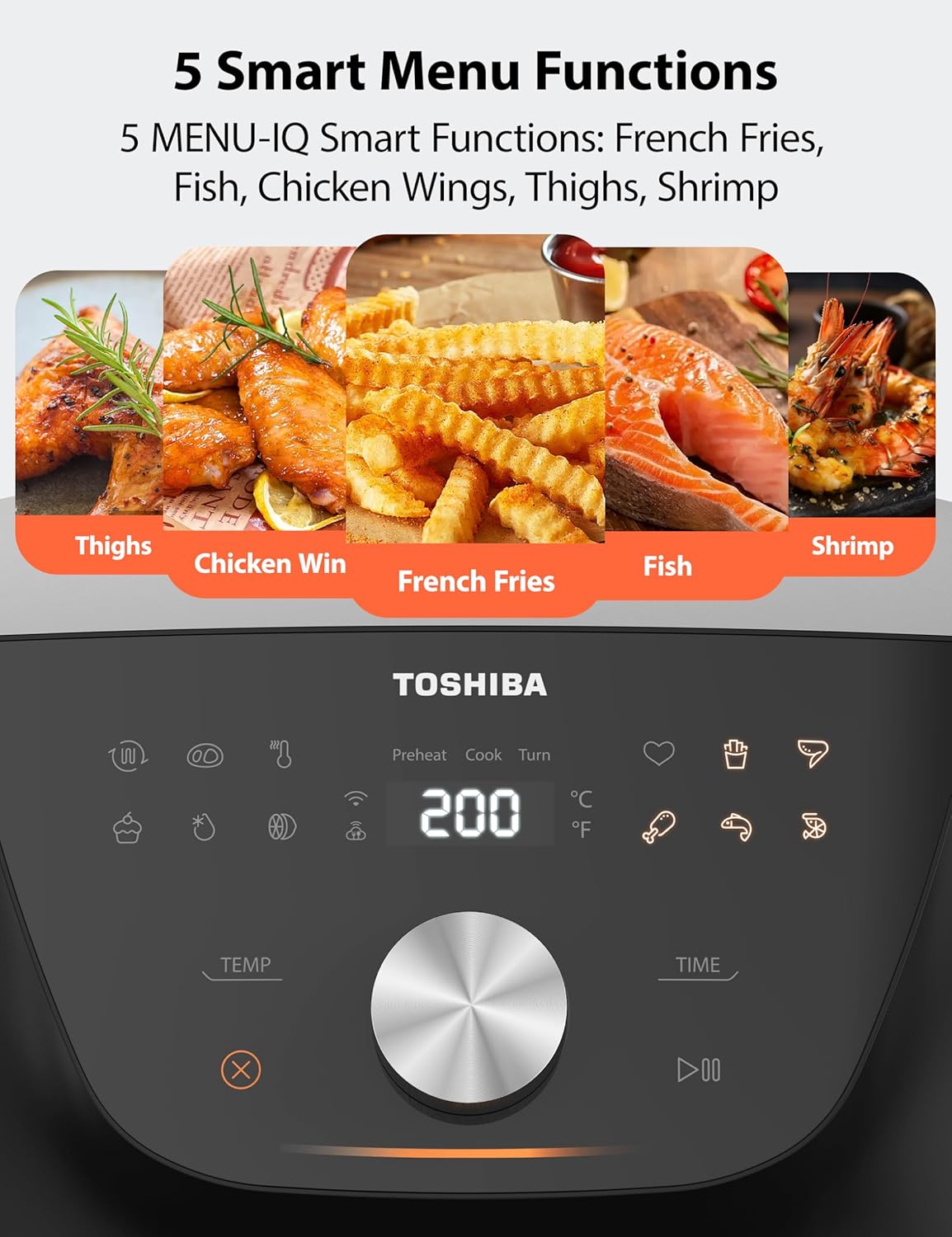 Toshiba 5.5QT Air Fryer with Heat-Q Technology, Quick and Easy Meals, 8 Preset Menus and Menu-IQ Function, 1-Degree Fahrenheit Precision, 90% Less Oil, Double-Sided Handles