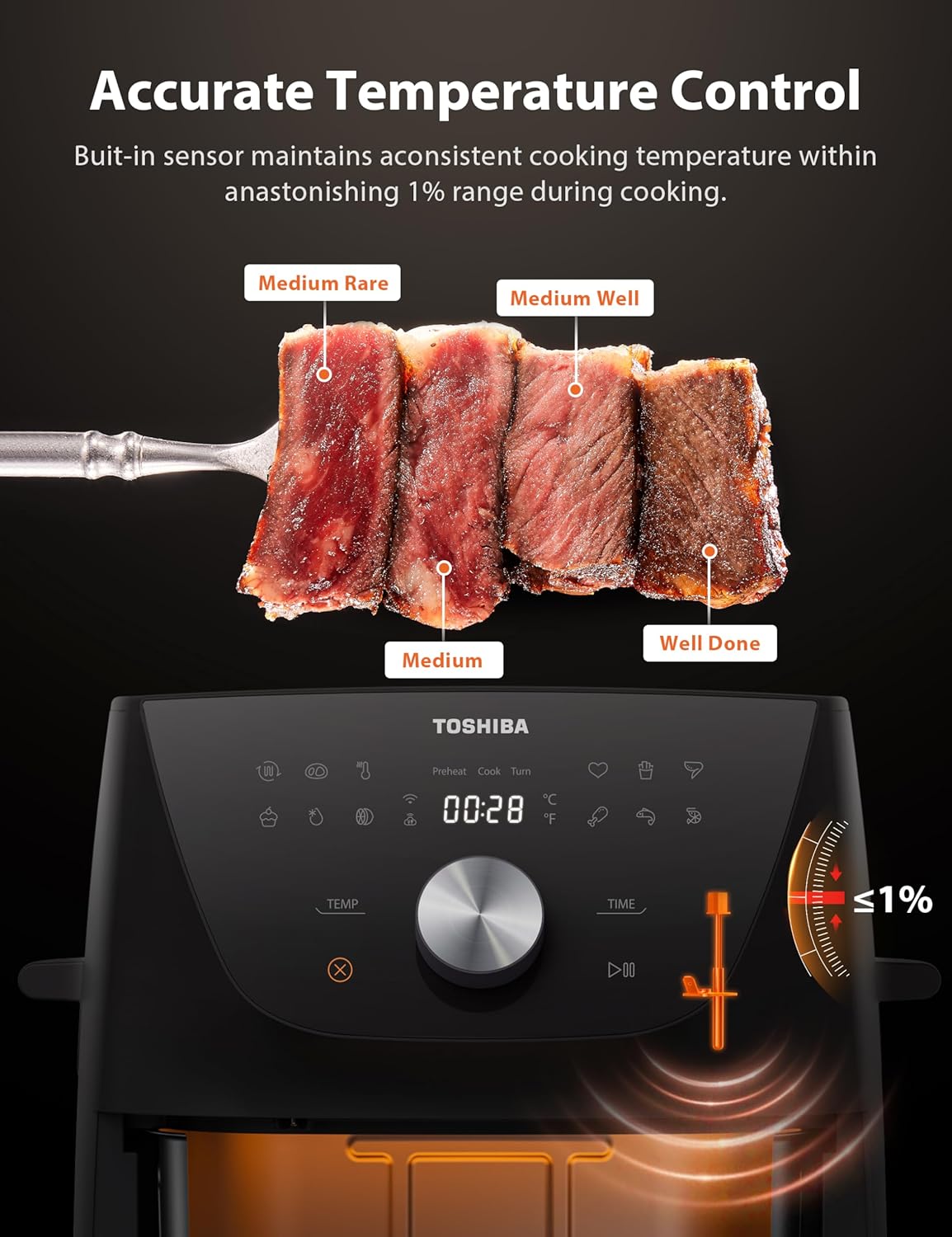 Toshiba 5.5QT Air Fryer with Heat-Q Technology, Quick and Easy Meals, 8 Preset Menus and Menu-IQ Function, 1-Degree Fahrenheit Precision, 90% Less Oil, Double-Sided Handles