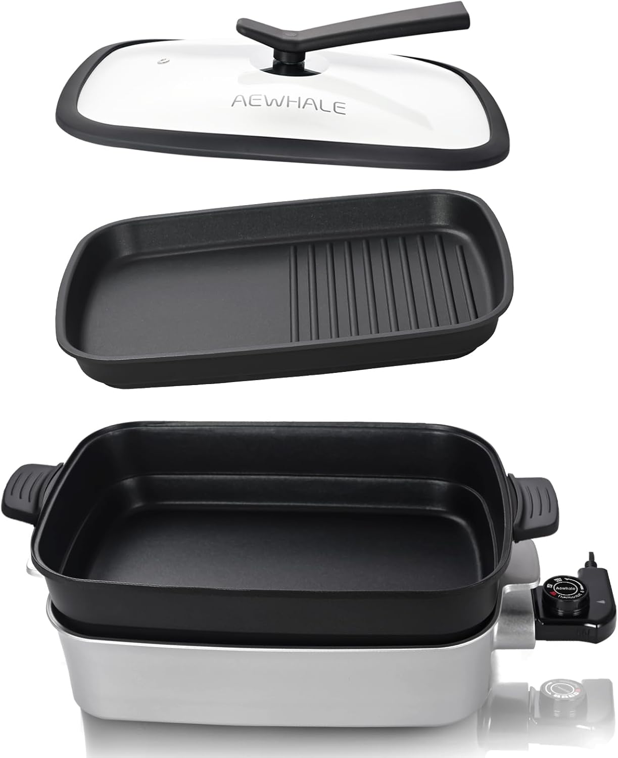 AEWHALE 2-in-1 Multifunctional Electric Grill,Indoor Smokeless Electric Griddle Electric Skillet with Removable Non-Stick Plate+Pot+Lid,1400W Adjustable Temperature Party Griddle