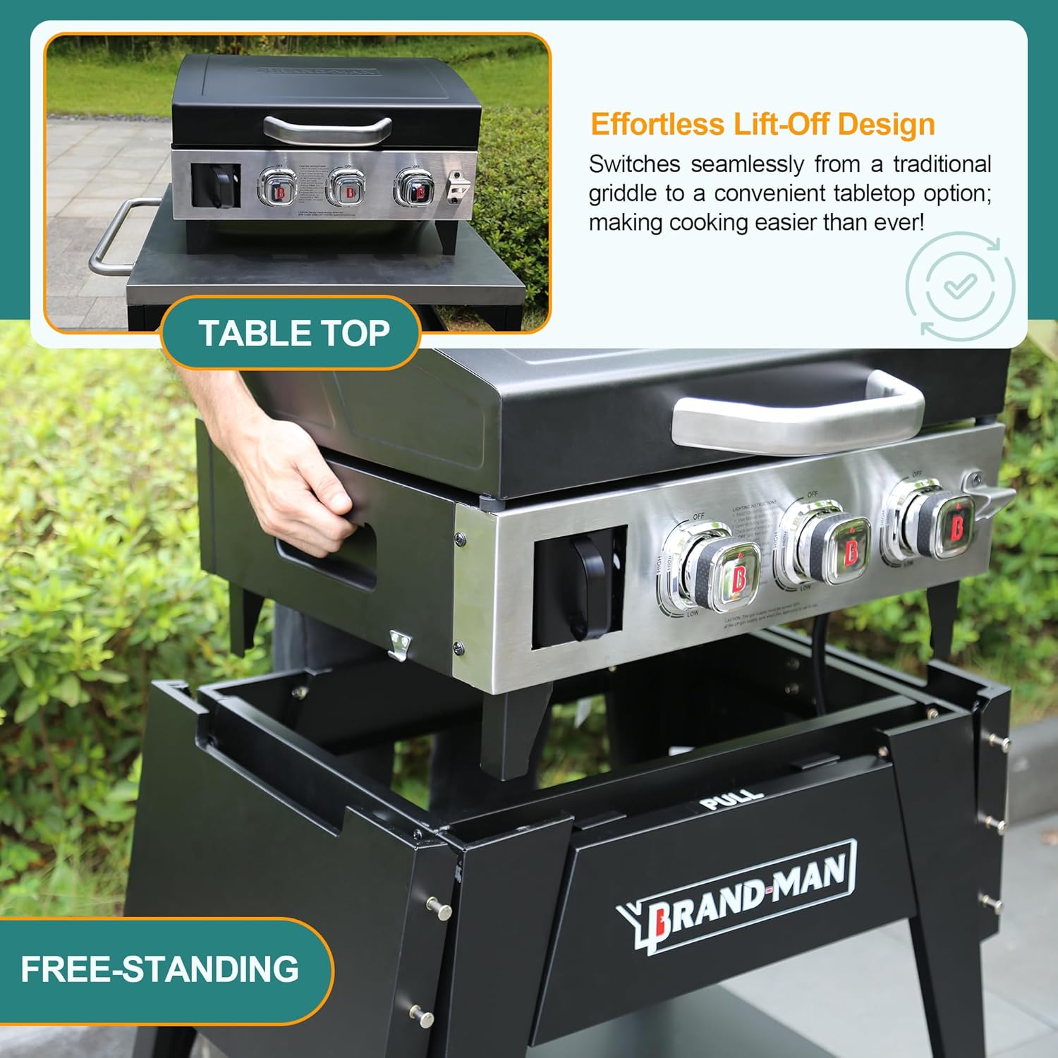 Brand-Man 3-Burner Flat Top Propane Gas Griddle Grill with Lid, Cast Iron Flattop Griddle Grill, 504 Sq. In. with Rolling Cart for Outdoor Barbecue, Cooking and Party, 28,000 BTU