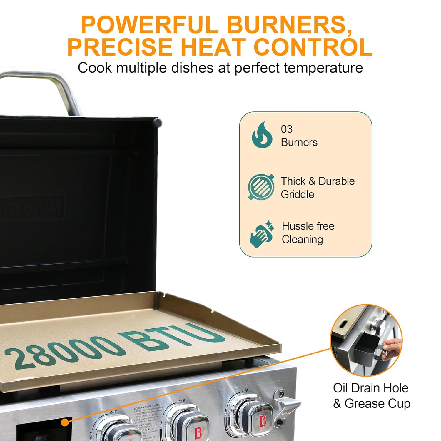 Brand-Man 3-Burner Flat Top Propane Gas Griddle Grill with Lid, Cast Iron Flattop Griddle Grill, 504 Sq. In. with Rolling Cart for Outdoor Barbecue, Cooking and Party, 28,000 BTU