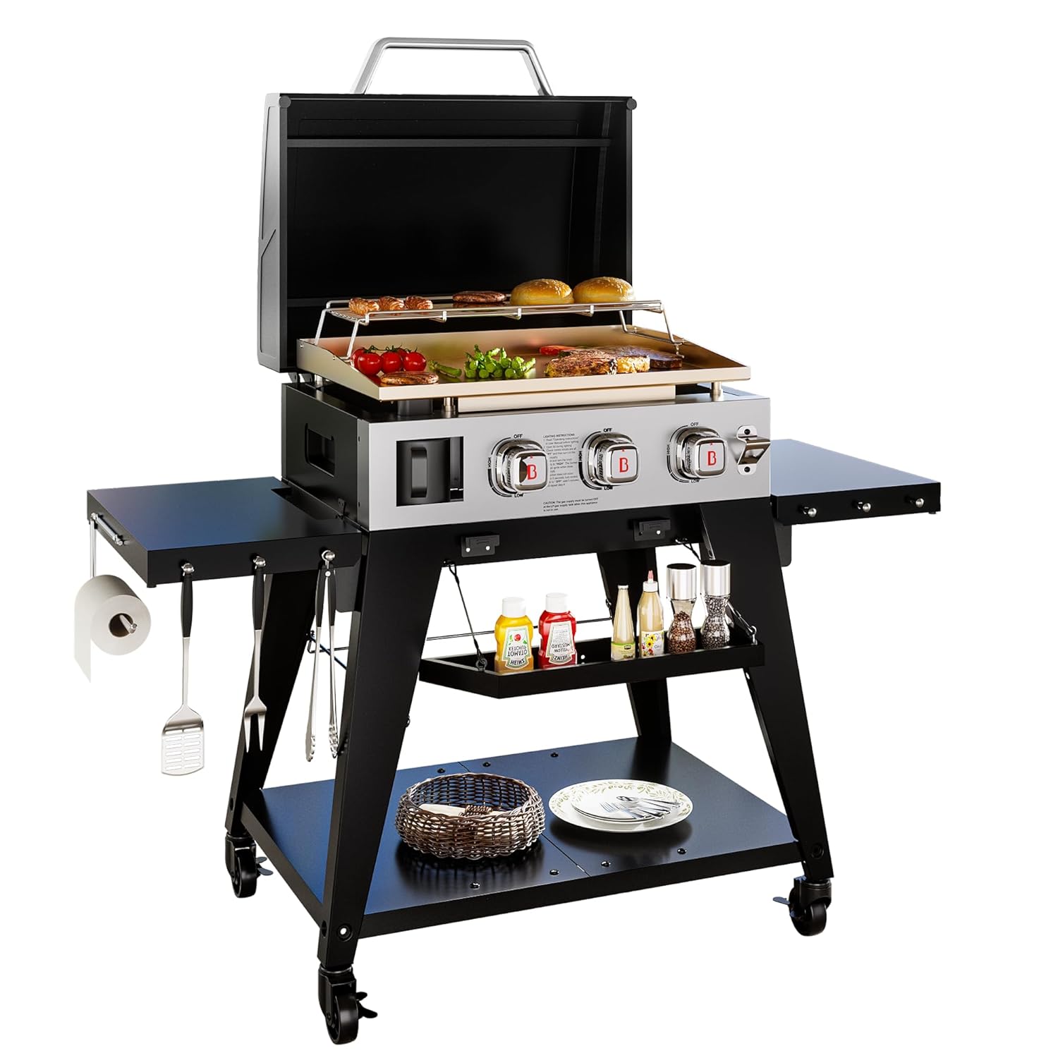 Brand-Man 3-Burner Flat Top Propane Gas Griddle Grill with Lid, Cast Iron Flattop Griddle Grill, 504 Sq. In. with Rolling Cart for Outdoor Barbecue, Cooking and Party, 28,000 BTU