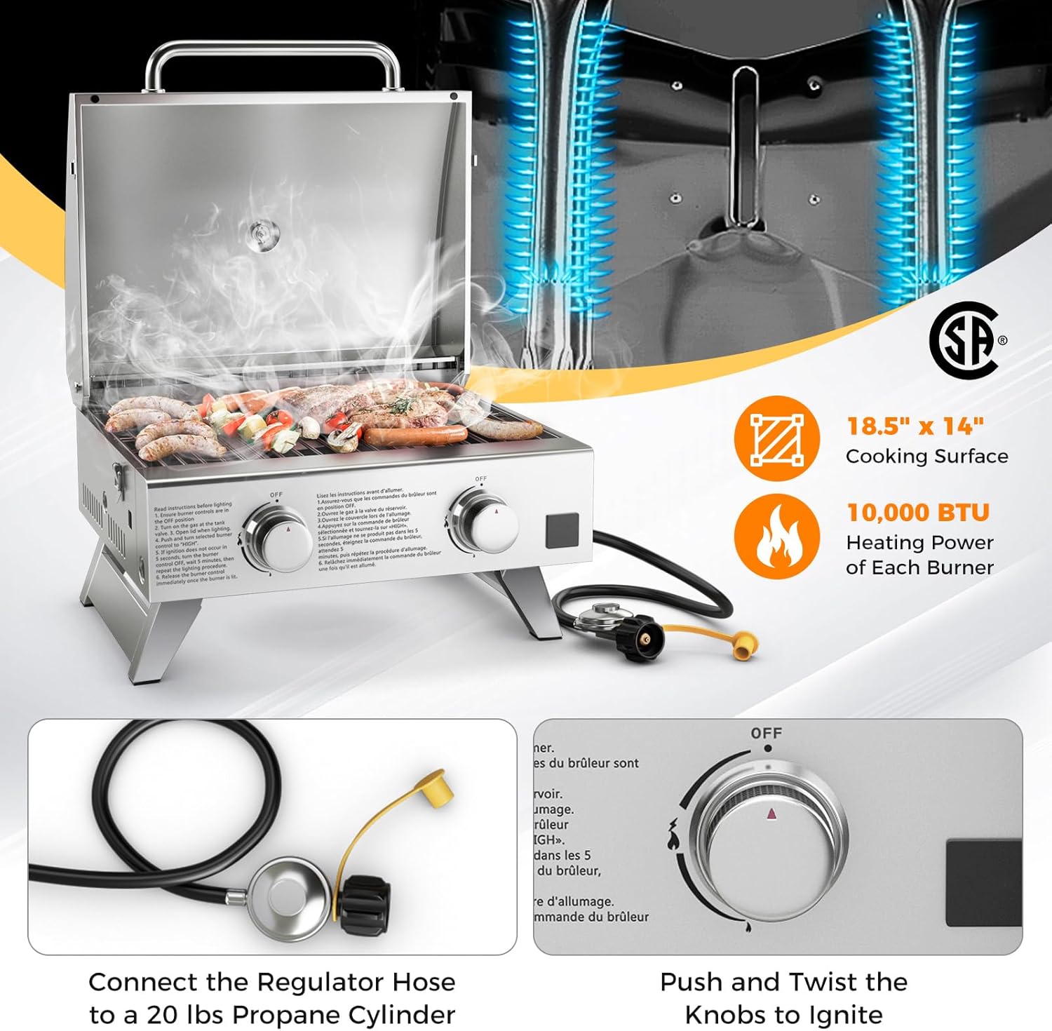 Happygrill Portable Gas Grill Stainless Steel Propane Grill Two-Burner Outdoor BBQ Grill with Foldable Leg for Camping Picnics, 20,000 BTU