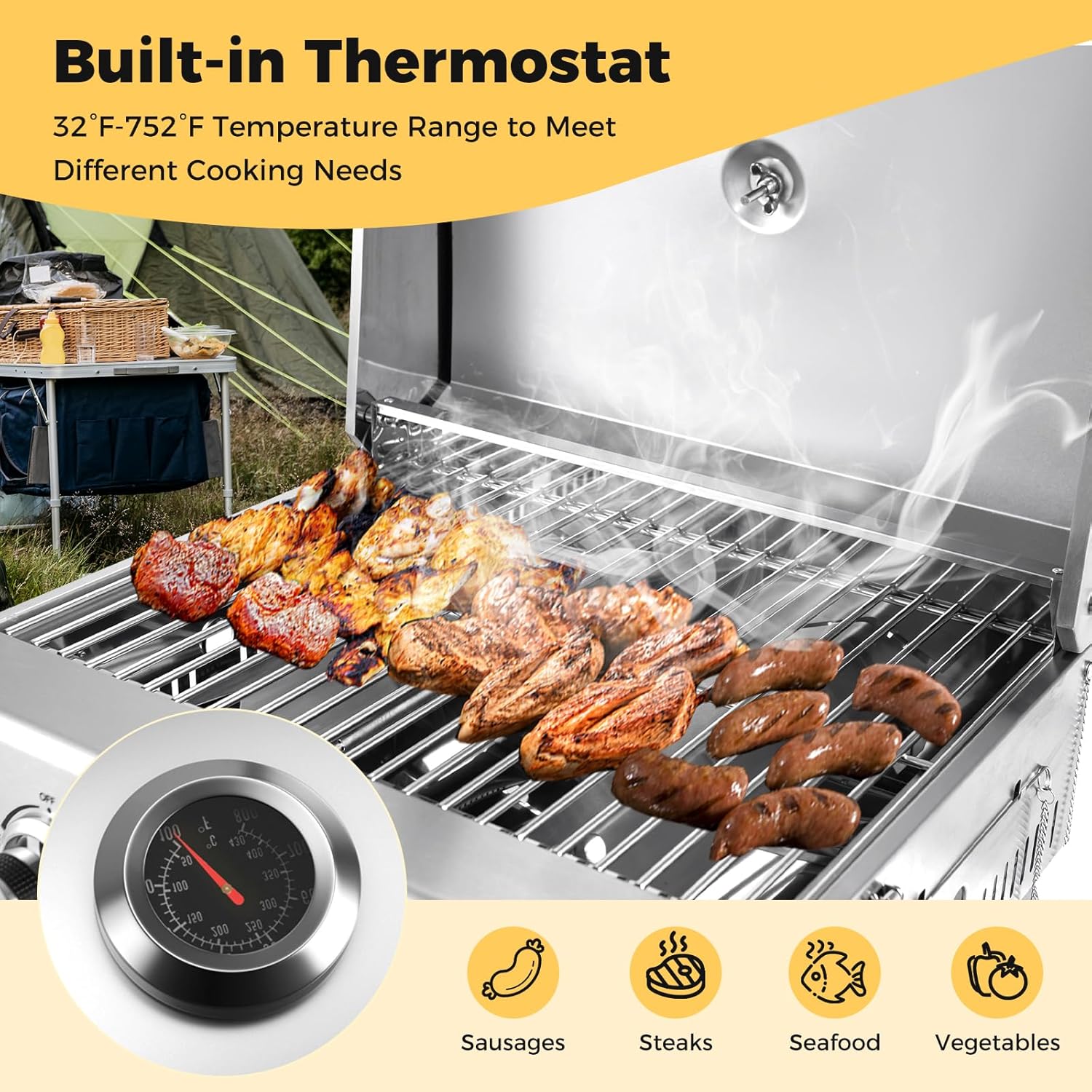 Happygrill Portable Gas Grill Stainless Steel Propane Grill Two-Burner Outdoor BBQ Grill with Foldable Leg for Camping Picnics, 20,000 BTU