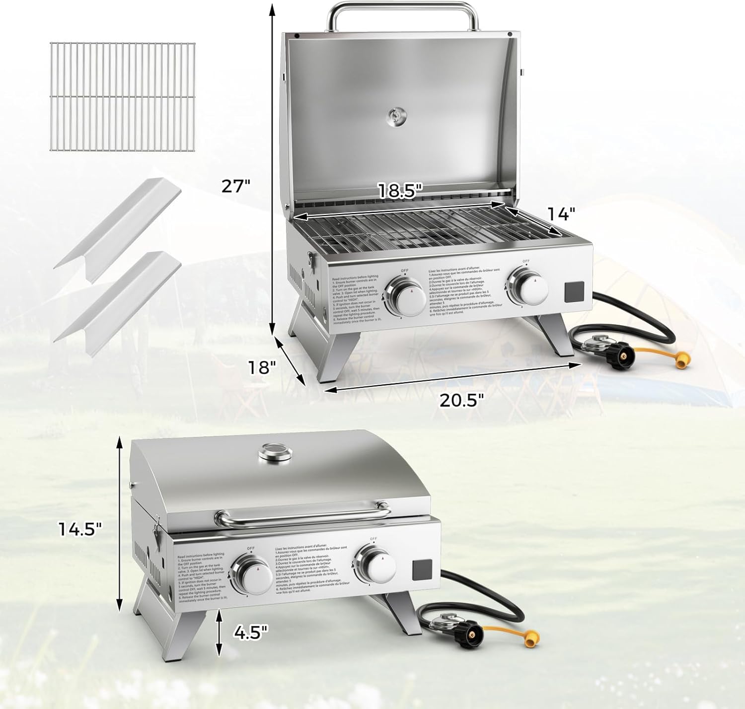 Happygrill Portable Gas Grill Stainless Steel Propane Grill Two-Burner Outdoor BBQ Grill with Foldable Leg for Camping Picnics, 20,000 BTU