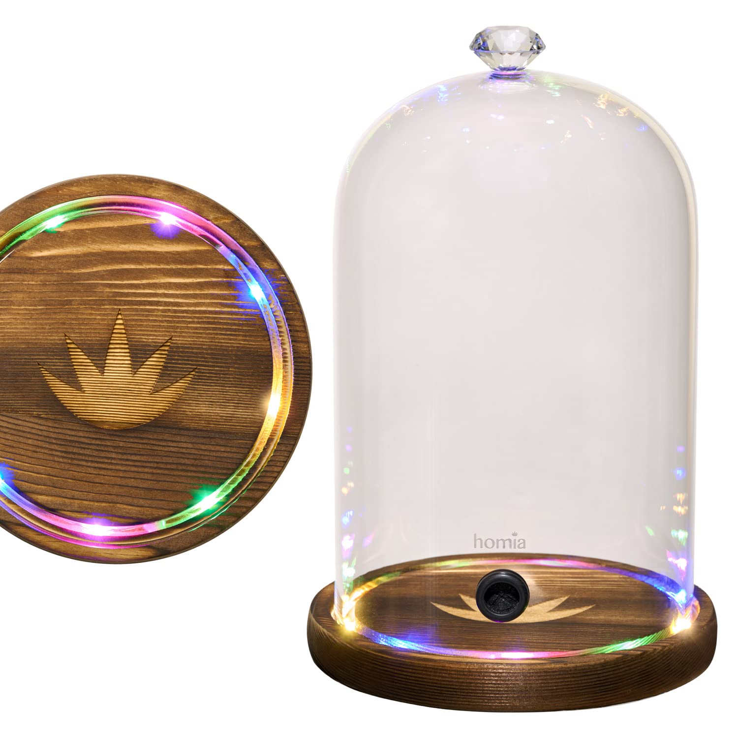 Smoking Gun Accessory LED lights Glass Dome 9 x 5.7 Lid with Wooden Base - Smoke infuser Cover Lid for Cocktail Smoker - Dome for Cold Smoke, Smoking Cloche for Drinks