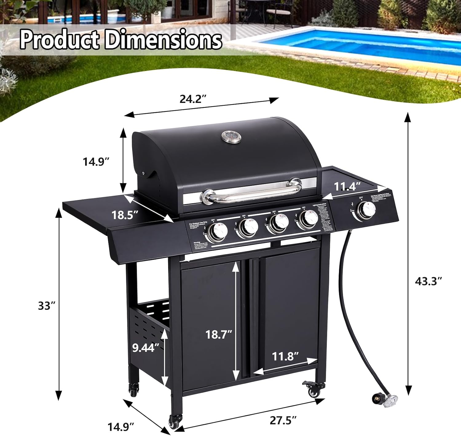 TITIMO 4-Burner Propane Gas Grill with Side Burner Gas Pipe and Stainless Steel Grates 50,000BTU Outdoor Cooking BBQ Grills Perfect Patio Garden Barbecue Grill