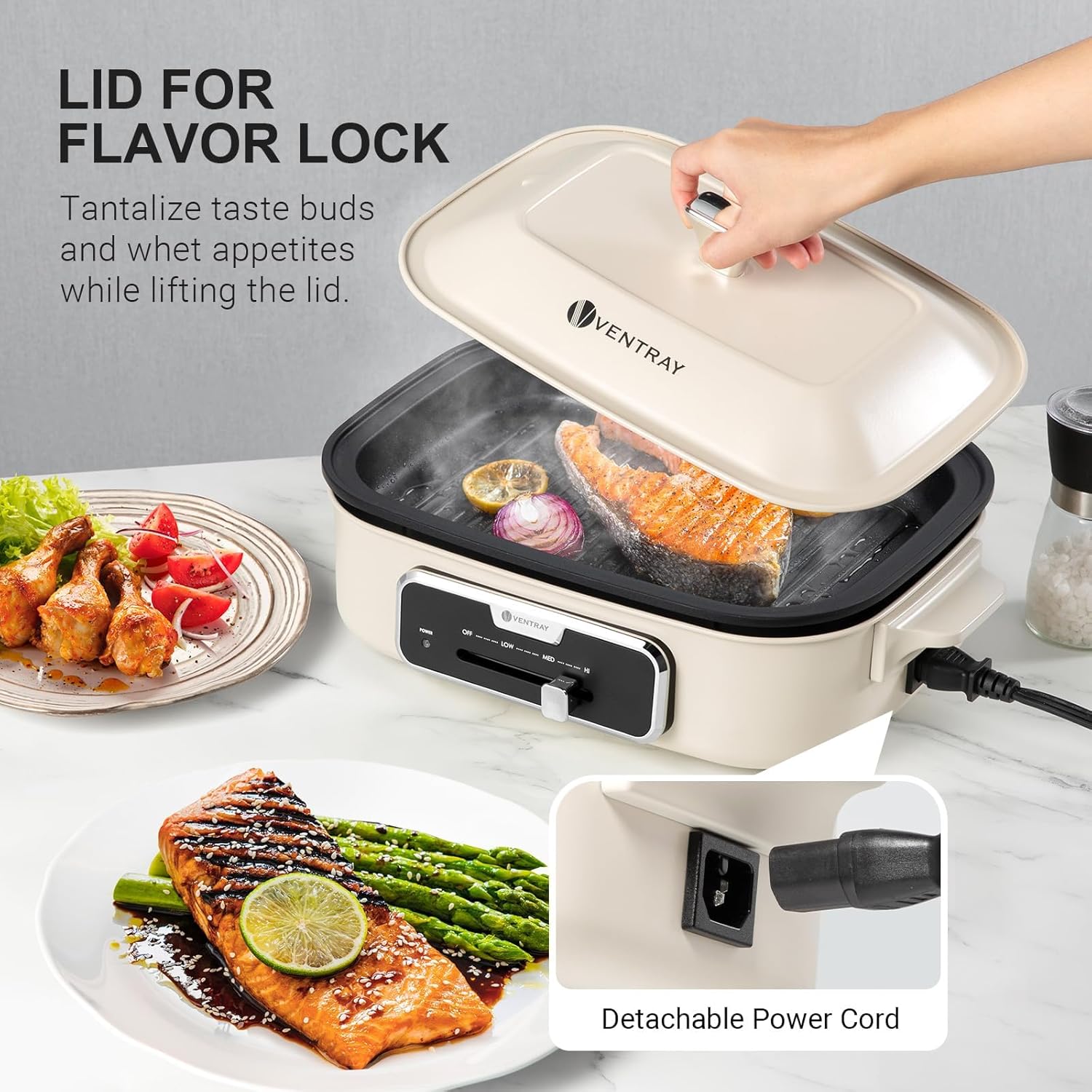 Ventray Electric Skillet with Lid Indoor Electric Grill, Nonstick Cooking Surface for Frying, Sauteing, Simmering and Braising, Adjustable Temp Portable Korean BBQ Grill with Removable Griddle Plate