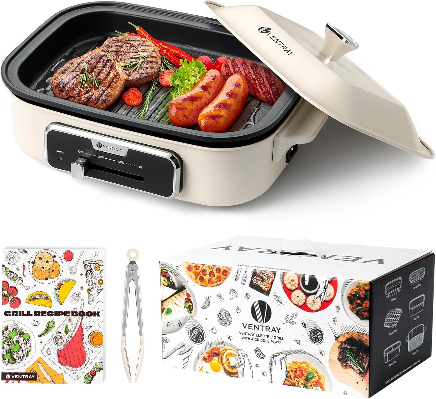 Ventray Electric Skillet with Lid Indoor Electric Grill, Nonstick Cooking Surface for Frying, Sauteing, Simmering and Braising, Adjustable Temp Portable Korean BBQ Grill with Removable Griddle Plate