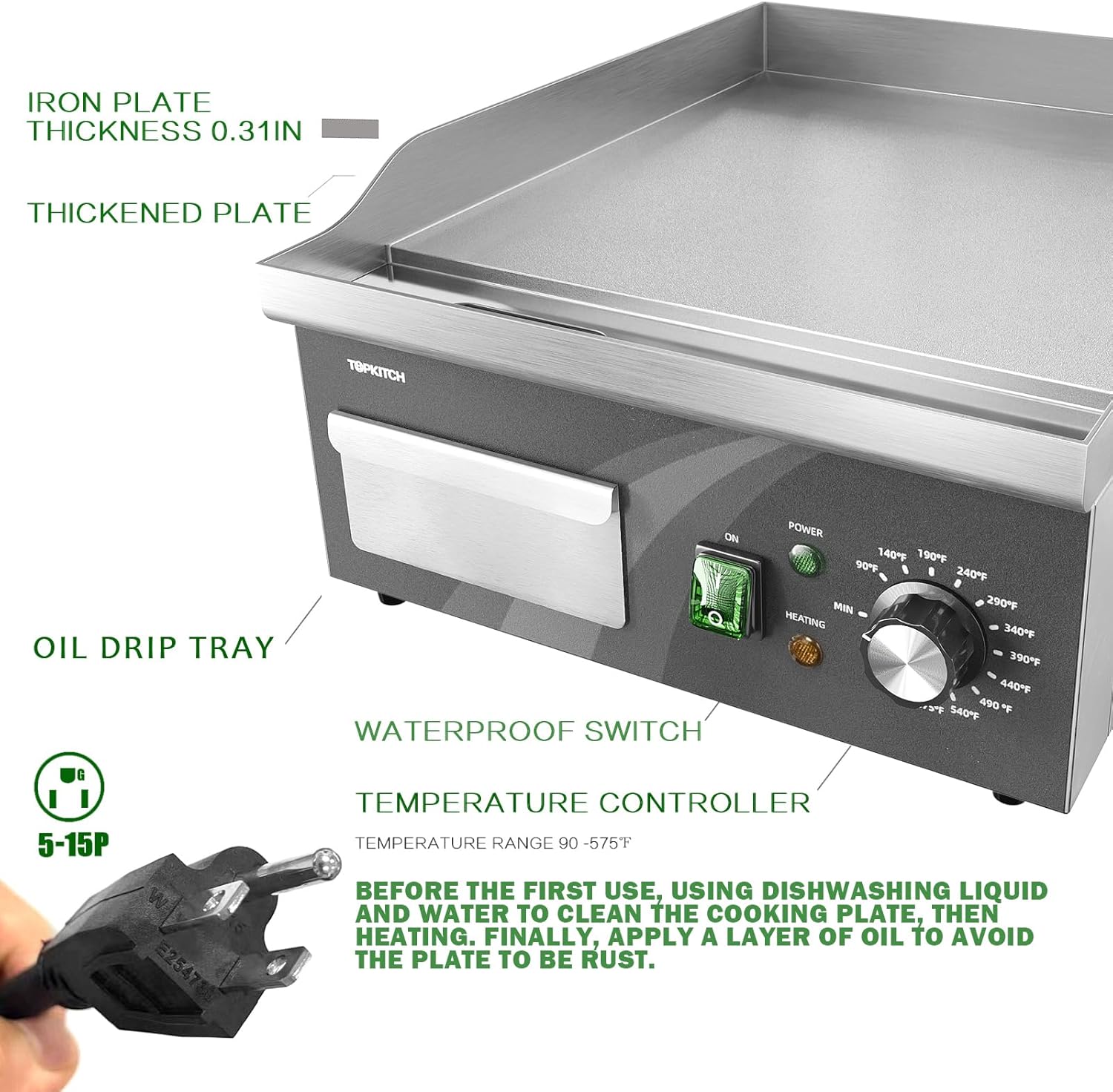 VIKKER Electric Griddle, 14 Inch Flat Top Grill Commercial Electric Griddles Stainless Steel Adjustable Temperature Control 90℉-575℉ for Home or Restaurant Use