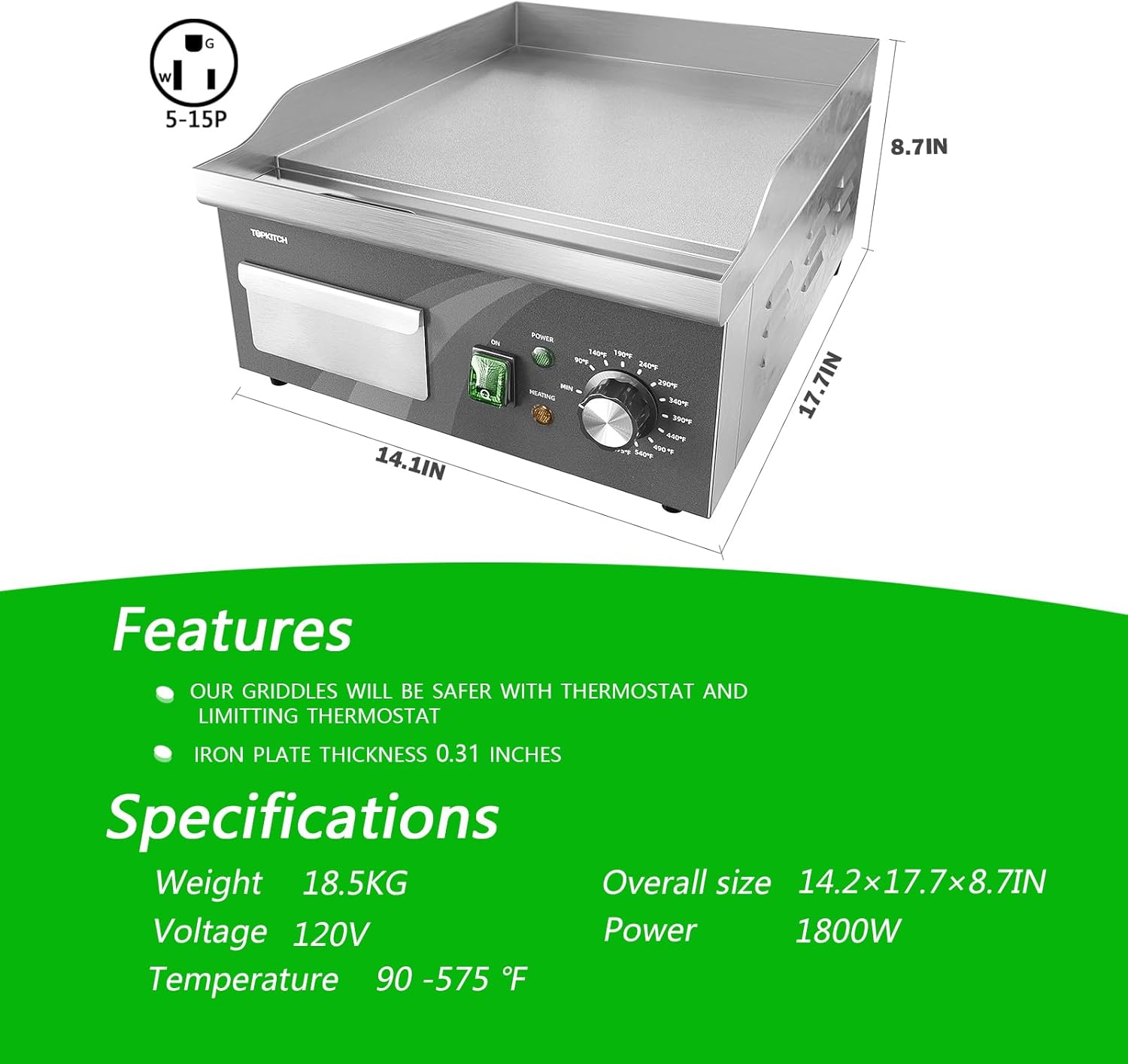 VIKKER Electric Griddle, 14 Inch Flat Top Grill Commercial Electric Griddles Stainless Steel Adjustable Temperature Control 90℉-575℉ for Home or Restaurant Use