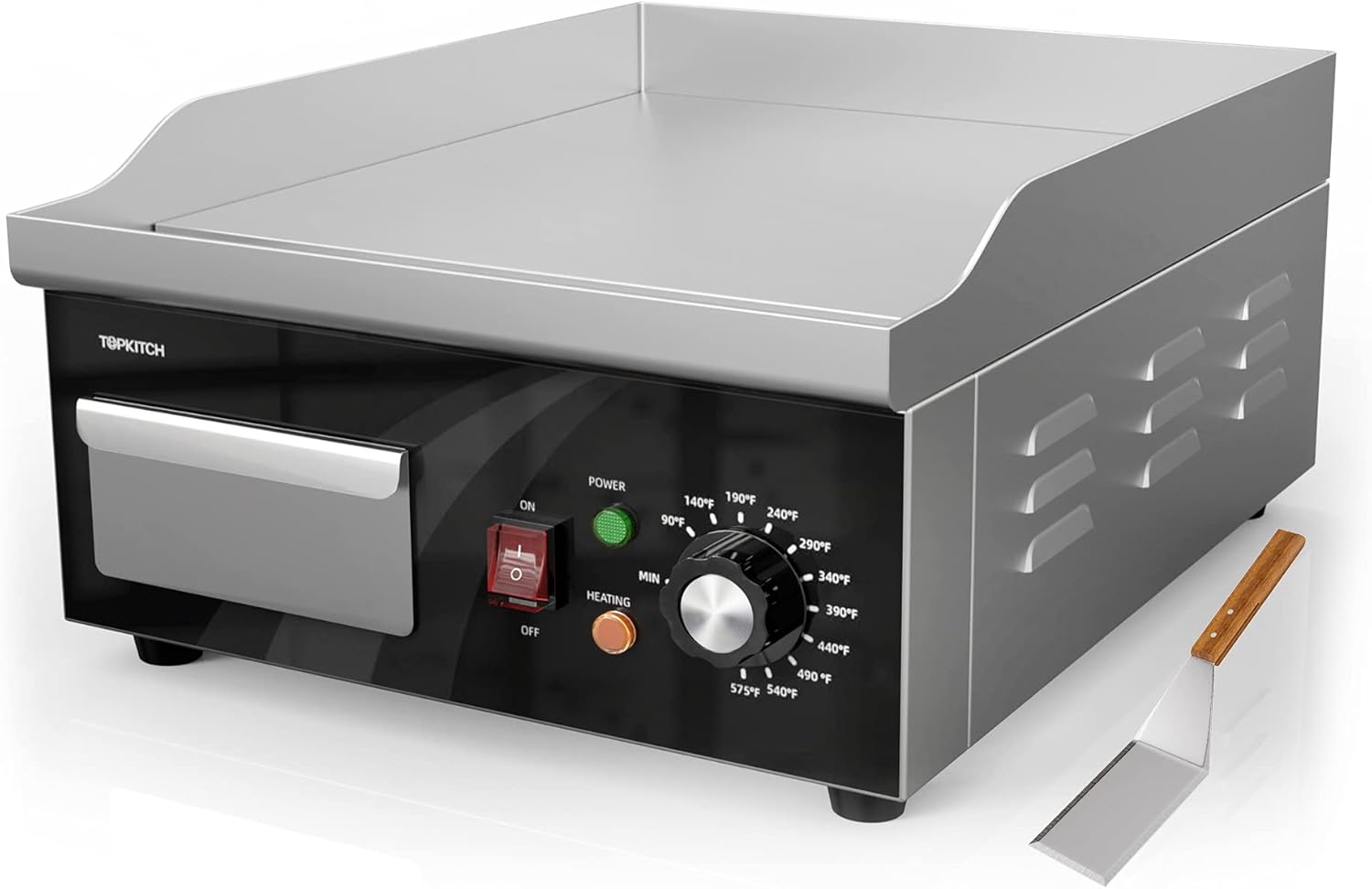 VIKKER Electric Griddle, 14 Inch Flat Top Grill Commercial Electric Griddles Stainless Steel Adjustable Temperature Control 90℉-575℉ for Home or Restaurant Use