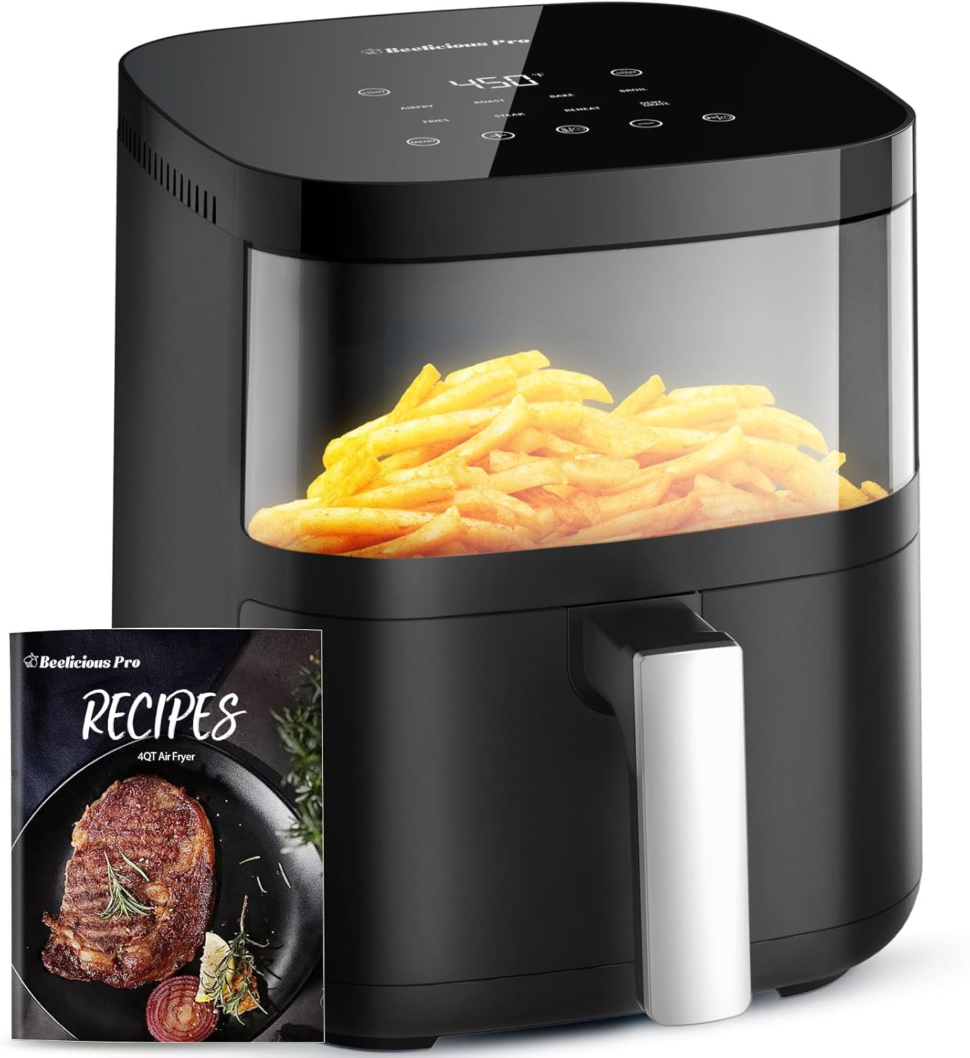 Air Fryer, Beelicious 8-in-1 Smart Compact 4QT Air Fryers with Viewing Window, Shake Reminder, 450°F Digital Airfryer with Flavor-Lock Tech, Dishwasher-Safe  Nonstick, Fit for 1-3 People, White