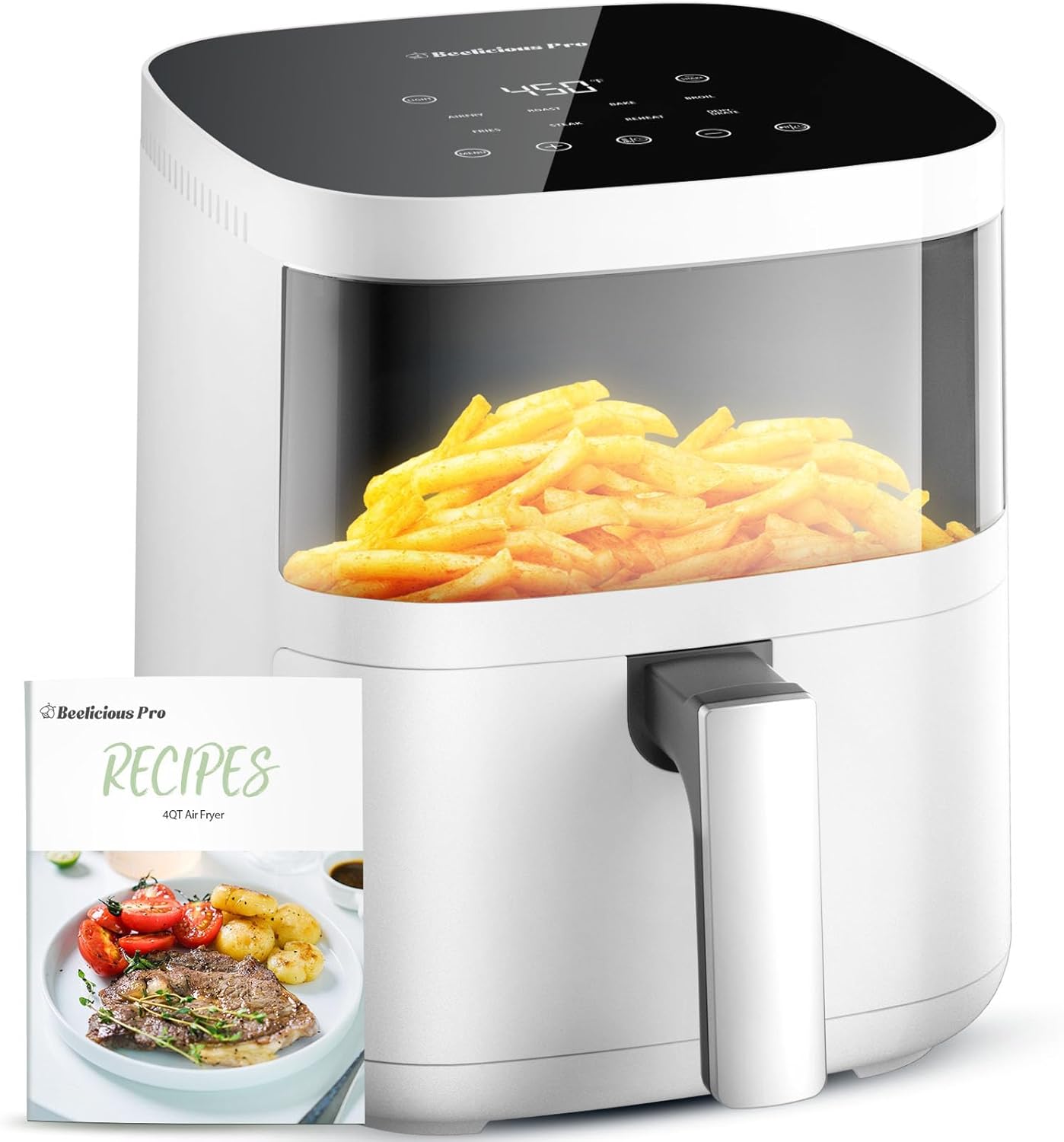 Air Fryer, Beelicious 8-in-1 Smart Compact 4QT Air Fryers with Viewing Window, Shake Reminder, 450°F Digital Airfryer with Flavor-Lock Tech, Dishwasher-Safe  Nonstick, Fit for 1-3 People, White