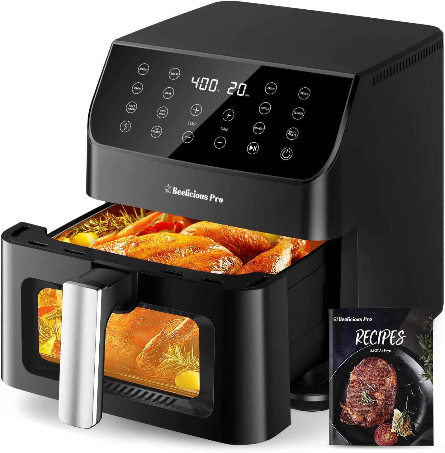 Beelicious 5.8QT Large Air Fryer, 12-in-1 Digital Airfryer with Clear Window, 40+ Recipes, Flavor-Lock Tech, Shake Reminder, Compact, Quiet, Dishwasher Safe, Nonstick (Black) Beelicious 5.8QT Large Air Fryer, 12-in-1 Digital Airfryer with Clear Window, 40+ Recipes, Flavor-Lock Tech, Shake Reminder, Compact, Quiet, Dishwasher Safe, Nonstick (Black)