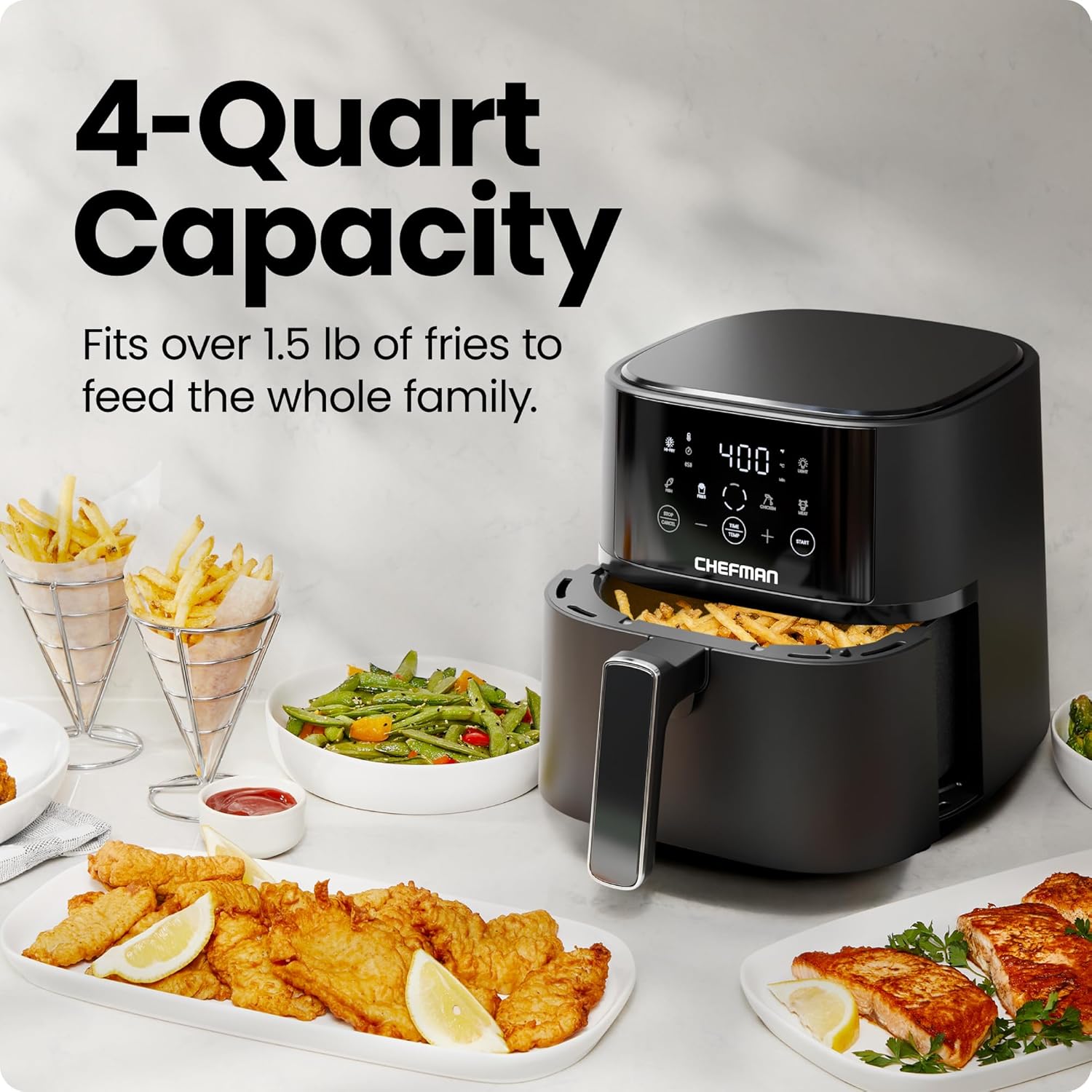Chefman Air Fryer – 4 QT Compact Airfryer for Quick Easy Meals in Minutes, Features Hi-Fry Technology for Extra Crisp, Touchscreen Controls with 4 Presets, Nonstick Dishwasher Safe Basket - Black Chefman Air Fryer – 4 QT Compact Airfryer for Quick Easy Meals in Minutes, Features Hi-Fry Technology for Extra Crisp, Touchscreen Controls with 4 Presets, Nonstick Dishwasher Safe Basket - Black