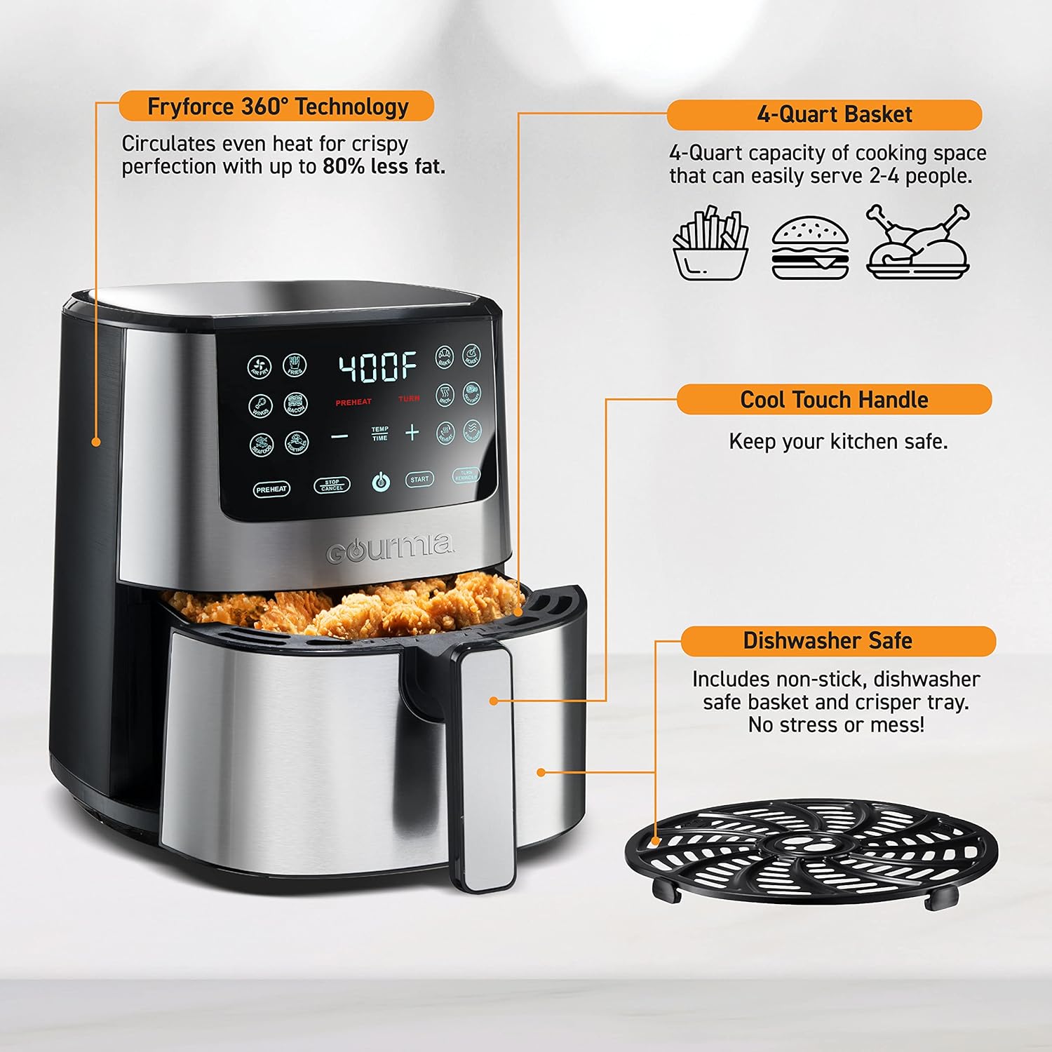 Gourmia Air Fryer - 7 Qt Large Capacity, FryForce 360º, Digital Display with 12 Presets, Roast, Bake, Broil, Dehydrate, Dishwasher Safe Accessories, Black Gourmia Air Fryer - 7 Qt Large Capacity, FryForce 360º, Digital Display with 12 Presets, Roast, Bake, Broil, Dehydrate, Dishwasher Safe Accessories, Black