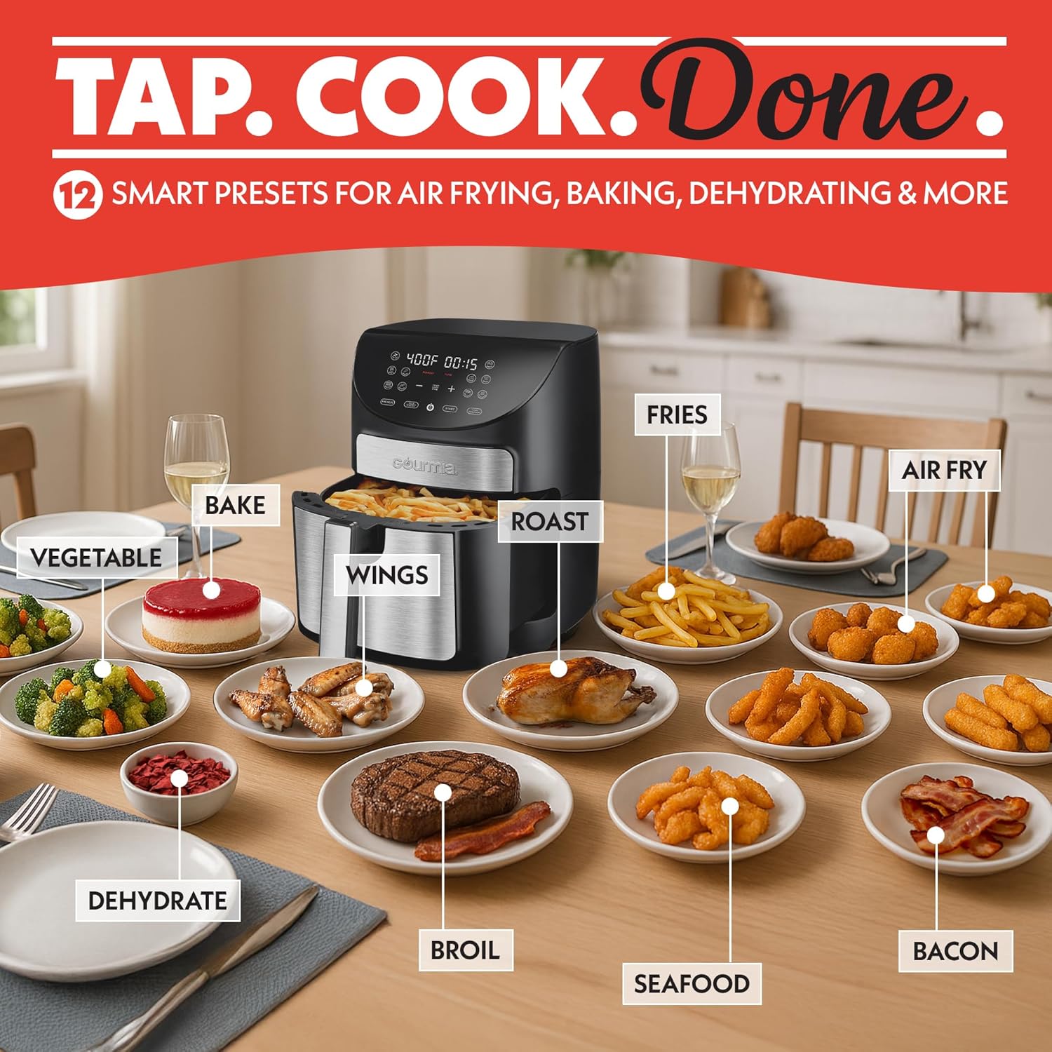 Gourmia Air Fryer - 7 Qt Large Capacity, FryForce 360º, Digital Display with 12 Presets, Roast, Bake, Broil, Dehydrate, Dishwasher Safe Accessories, Black Gourmia Air Fryer - 7 Qt Large Capacity, FryForce 360º, Digital Display with 12 Presets, Roast, Bake, Broil, Dehydrate, Dishwasher Safe Accessories, Black