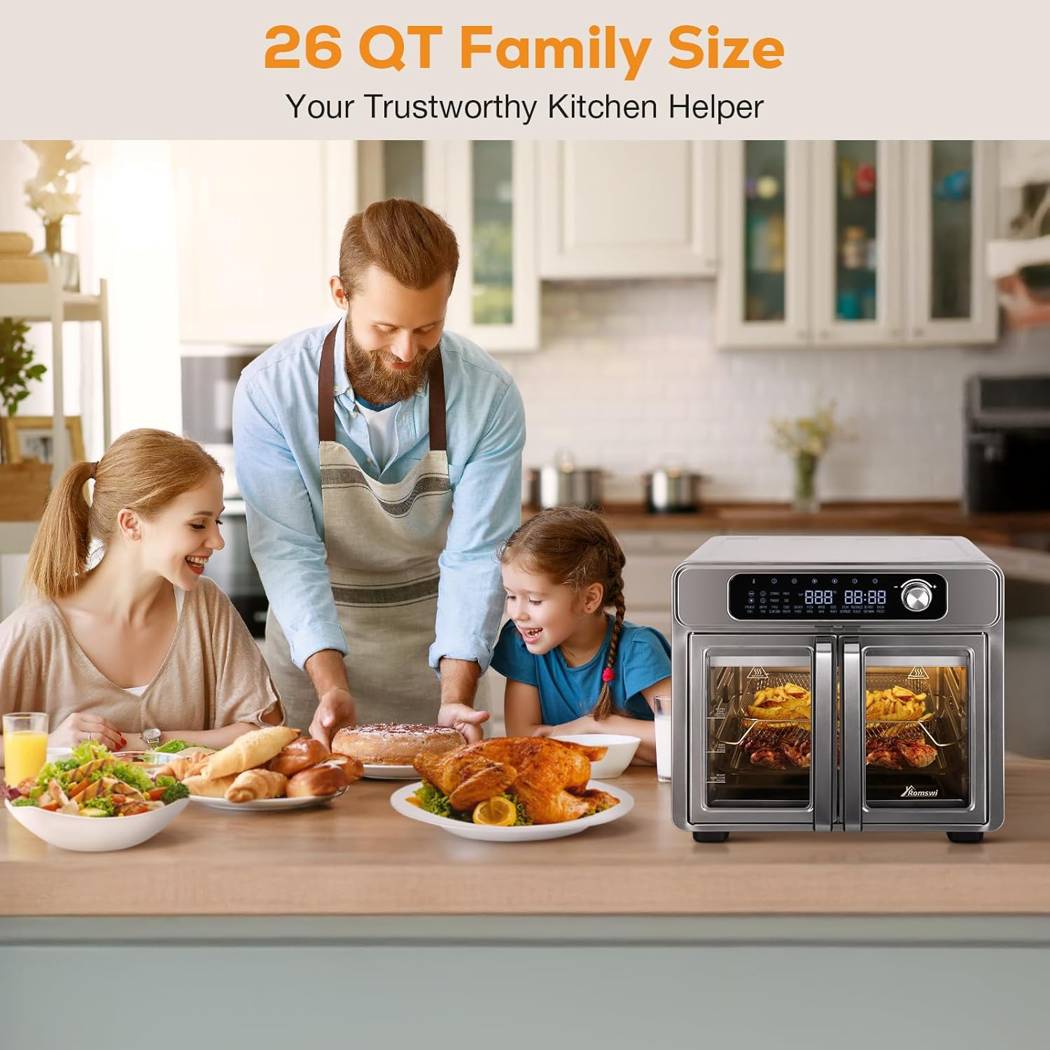 Romswi 26QT French Door Air Fryer Toaster Oven Combo, 24 Cooking Functions and Digital Controls, Fits 12 Pizza, 6 Slices of Toast, Rotisserie 6lb Chicken, 6 Accessories Included