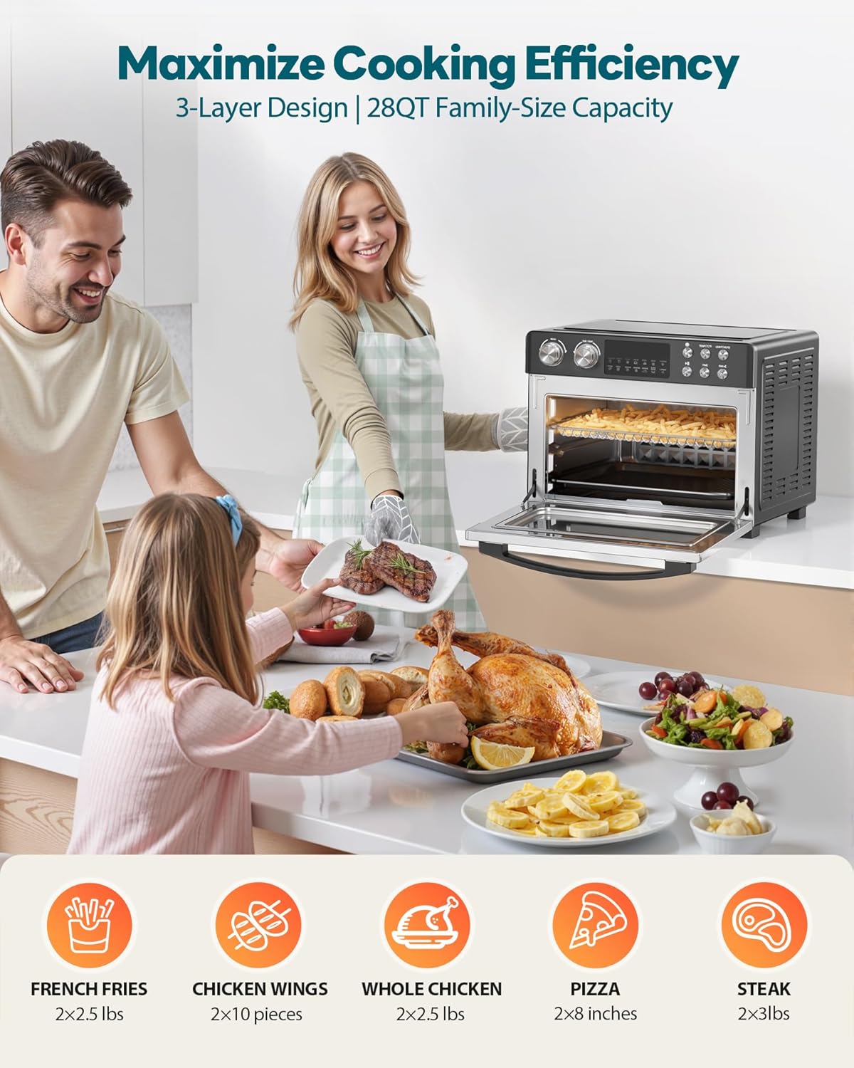 28QT Air Fryer Toaster Oven Combo, Large 12-in-1 Convection Countertop Oven with 3-Layer Cooking, Rotisserie for Chicken, 6 Heating Tubes, Fast Preheat, Fit 11 Pizza, All Accessories, Stainless Steel