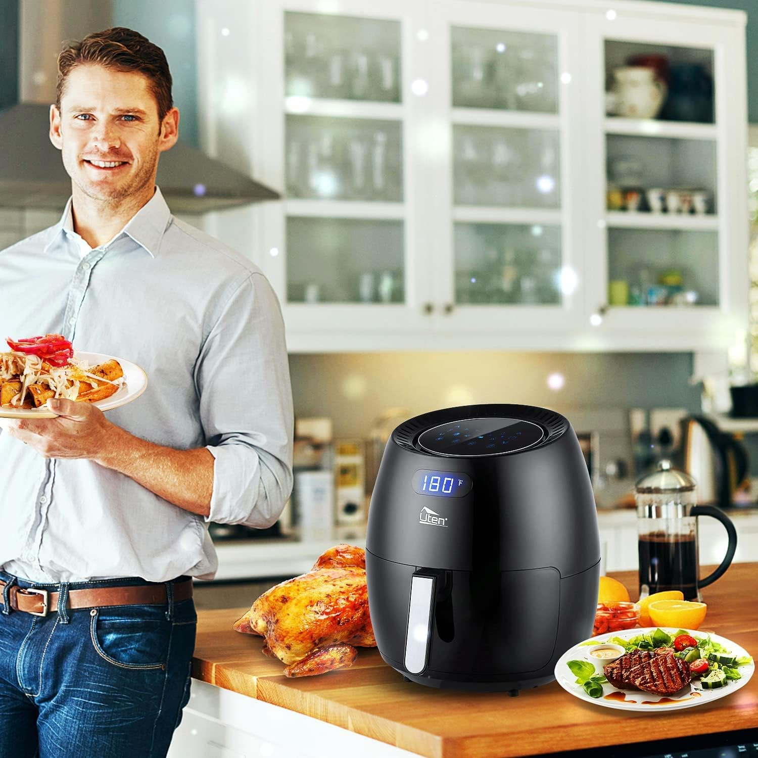 Air Fryer 5.8QT/5.5L, Uten 1700W AirFryer High-Power Electric Hot Temperature Control  Timer Knob, Non Stick Fry Basket, Dishwasher Safe, Apply to Party, Afternoon Tea, Black