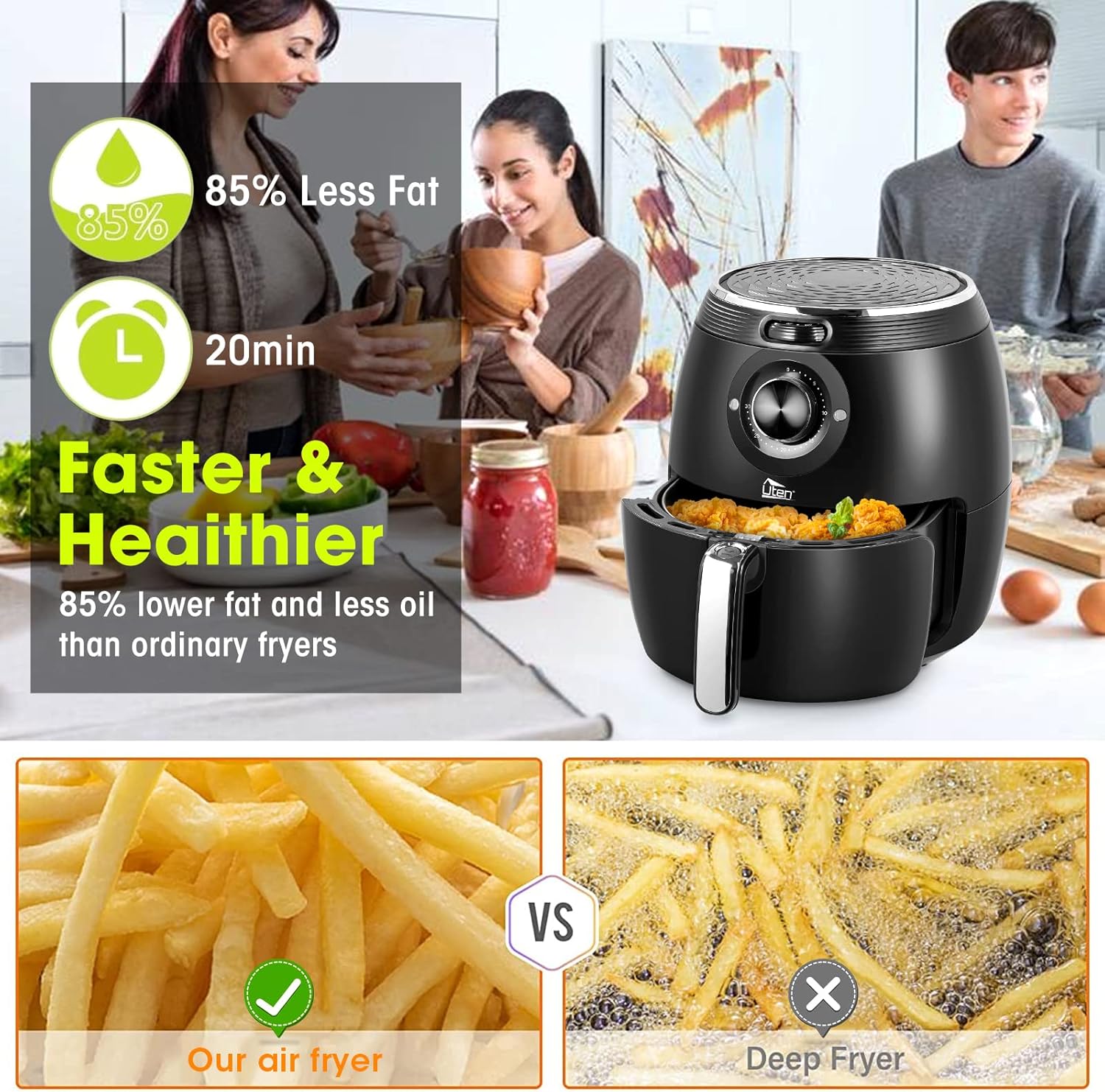 Air Fryer 5.8QT/5.5L, Uten 1700W AirFryer High-Power Electric Hot Temperature Control  Timer Knob, Non Stick Fry Basket, Dishwasher Safe, Apply to Party, Afternoon Tea, Black