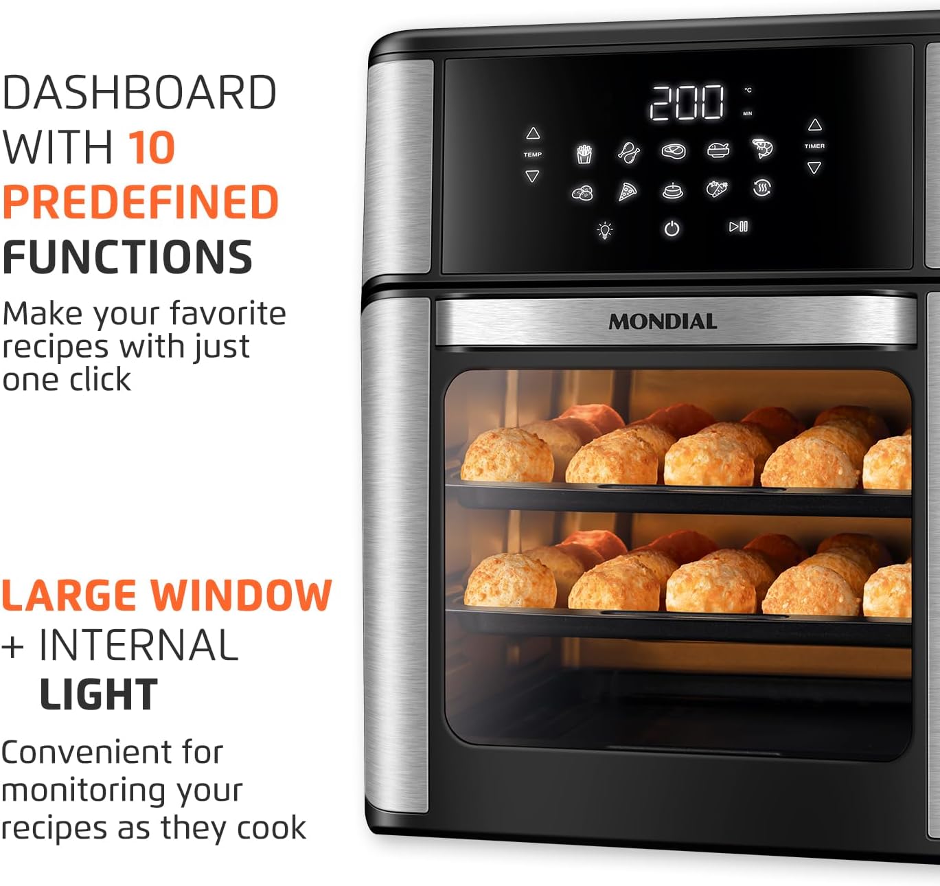 Air Fryer Oven 1800W, 12.7QT Capacity, Touchscreen Panel, Automatic Shut-Off – Black  Stainless Steel – Mondial