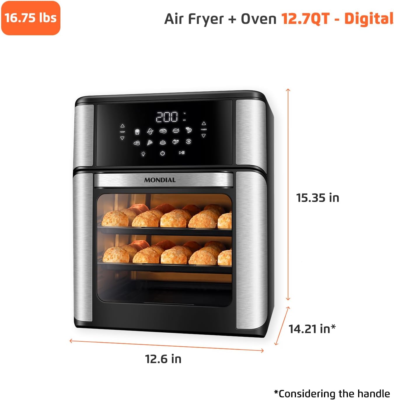 Air Fryer Oven 1800W, 12.7QT Capacity, Touchscreen Panel, Automatic Shut-Off – Black  Stainless Steel – Mondial