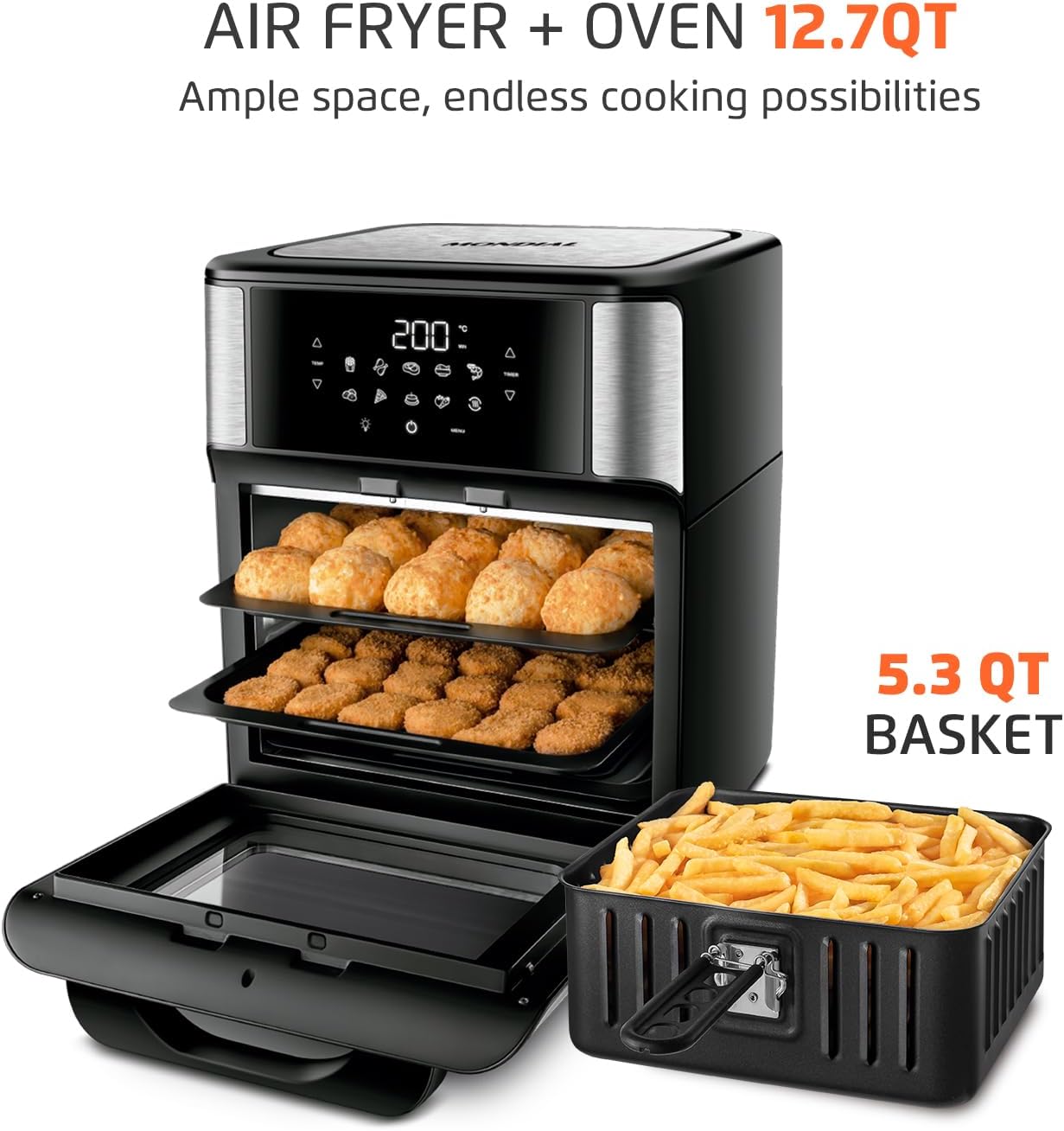 Air Fryer Oven 1800W, 12.7QT Capacity, Touchscreen Panel, Automatic Shut-Off – Black  Stainless Steel – Mondial