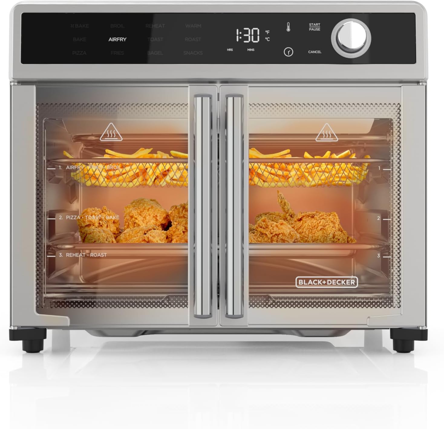 BLACK+DECKER Crisp N Bake Air Fryer Toaster Oven Combo, 12 in 1 Countertop Convection Oven Cooks Food Fast, Fits a Whole Pizza or 6 Toast Slices, French Doors with Stainless Steel Finish
