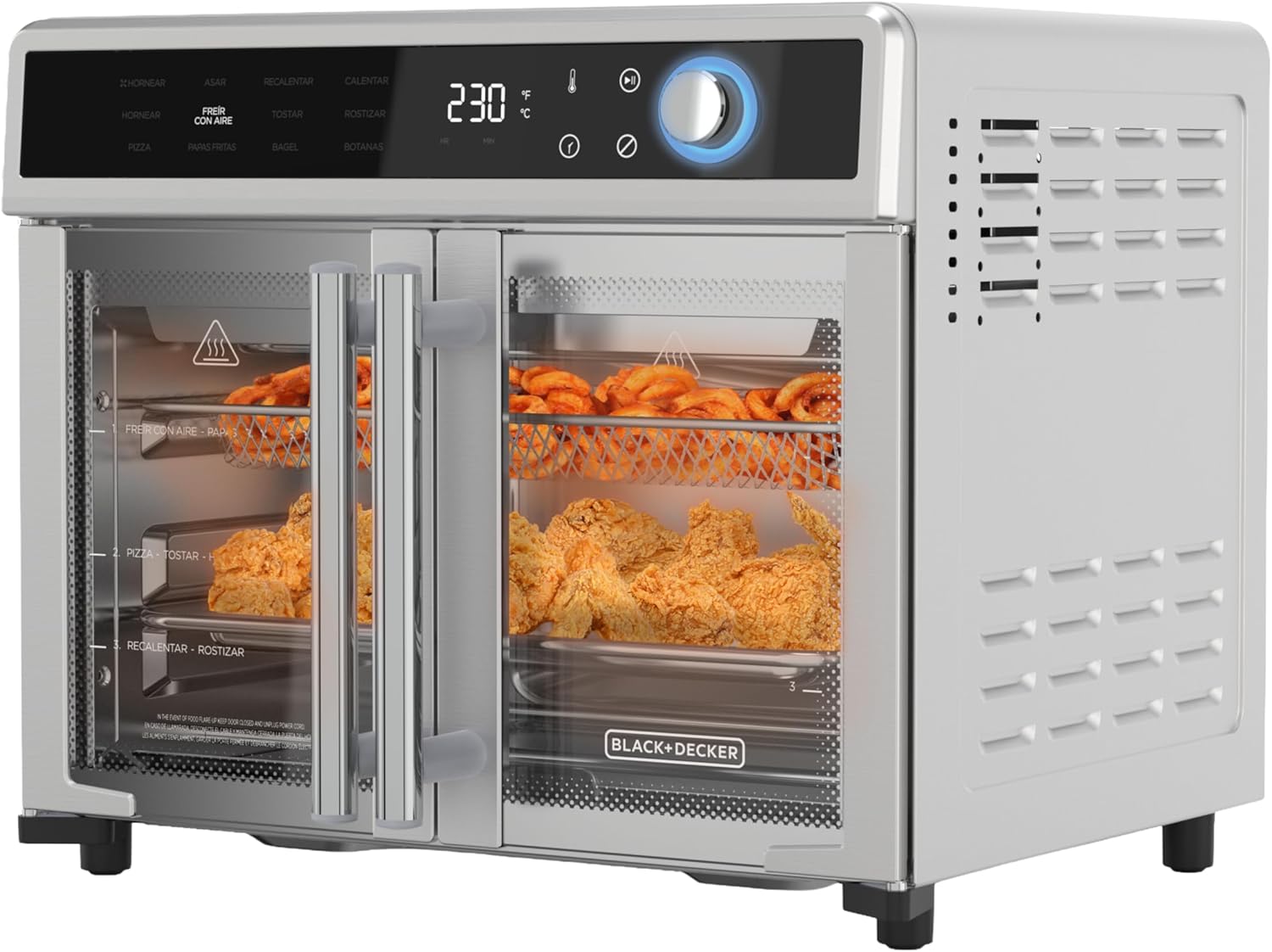 BLACK+DECKER Crisp N Bake Air Fryer Toaster Oven Combo, 12 in 1 Countertop Convection Oven Cooks Food Fast, Fits a Whole Pizza or 6 Toast Slices, French Doors with Stainless Steel Finish