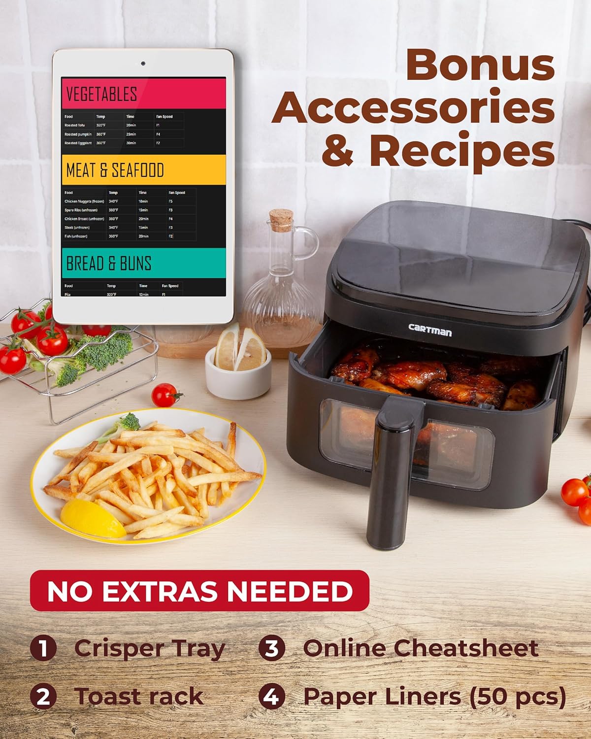 Cartman 4QT Compact Air Fryer, Ultra-Flat 6.7 Height Small Airfryer, Adjustable Airflow Design, Viewing Window, Up to 450℉, 7 Presets Touchscreen, Portable Air Fryer, Black