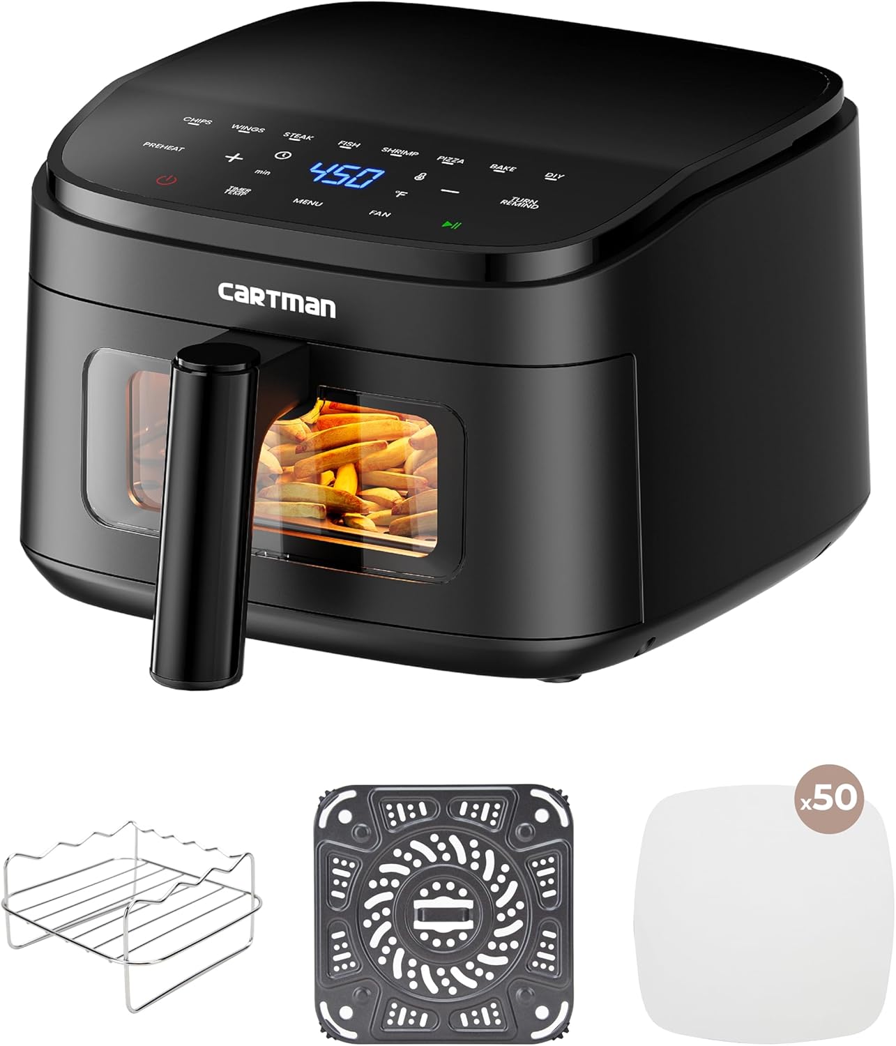 Cartman 4QT Compact Air Fryer, Ultra-Flat 6.7 Height Small Airfryer, Adjustable Airflow Design, Viewing Window, Up to 450℉, 7 Presets Touchscreen, Portable Air Fryer, Black