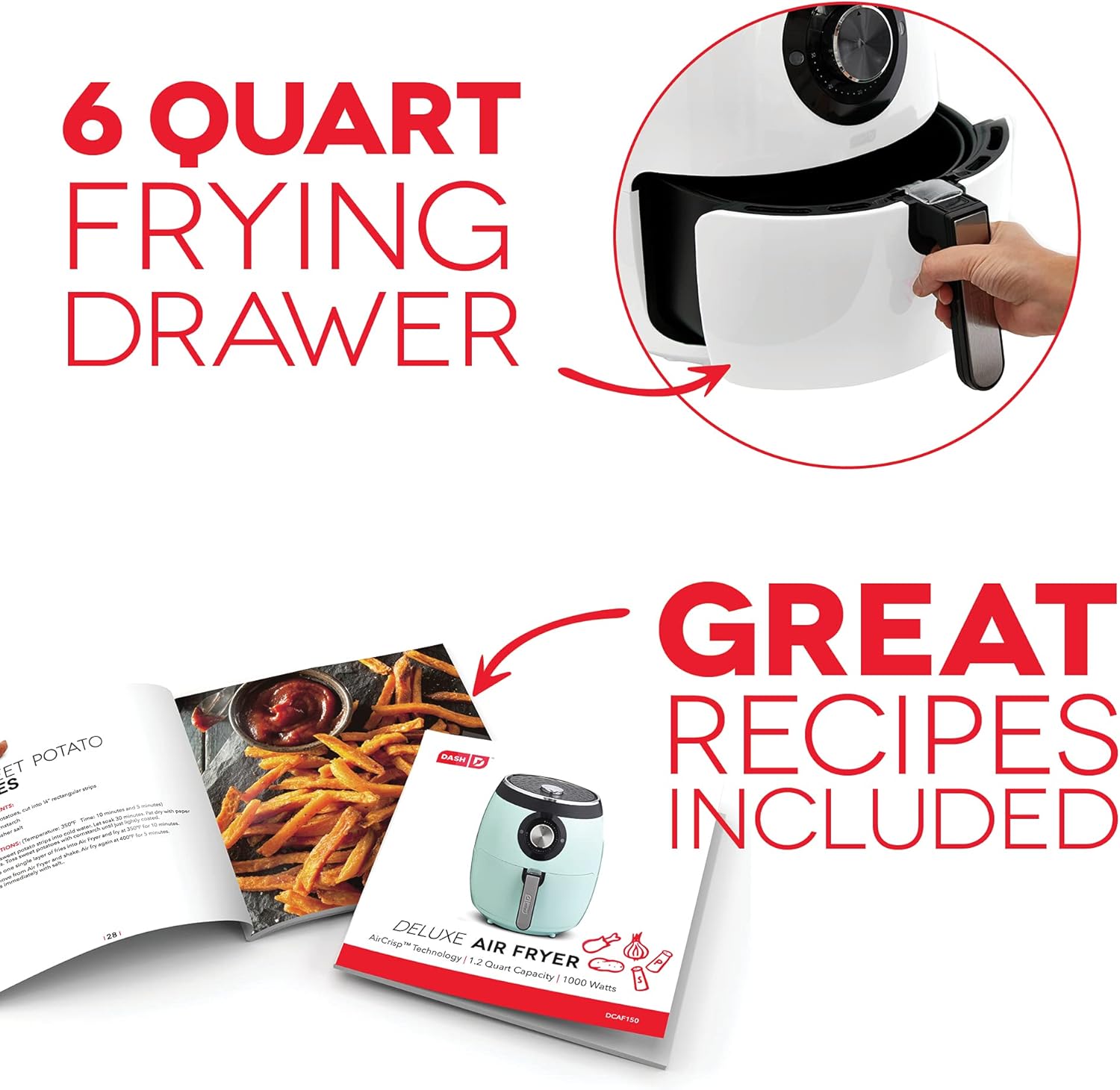 Dash Deluxe Electric Air Fryer + Oven Cooker with Temperature Control, Non-stick Fry Basket, Recipe Guide + Auto Shut Off Feature, 1700-Watt, 6 Quart - White