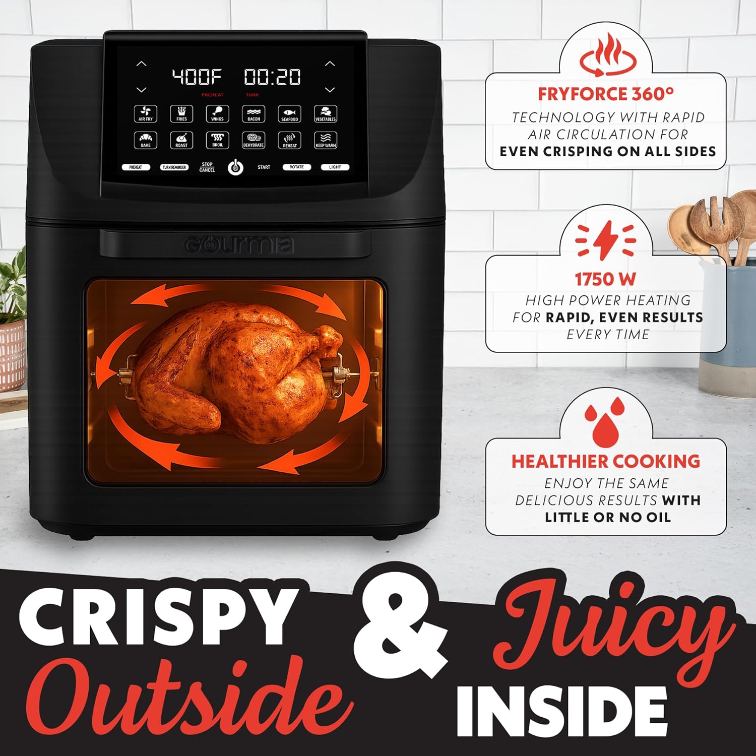 Gourmia Air Fryer - 14 Qt All-in-One Oven with Rotisserie, Digital Display with 12 Presets, Roast, Bake, Broil, Dehydrate, Dishwasher Safe Accessories, Black