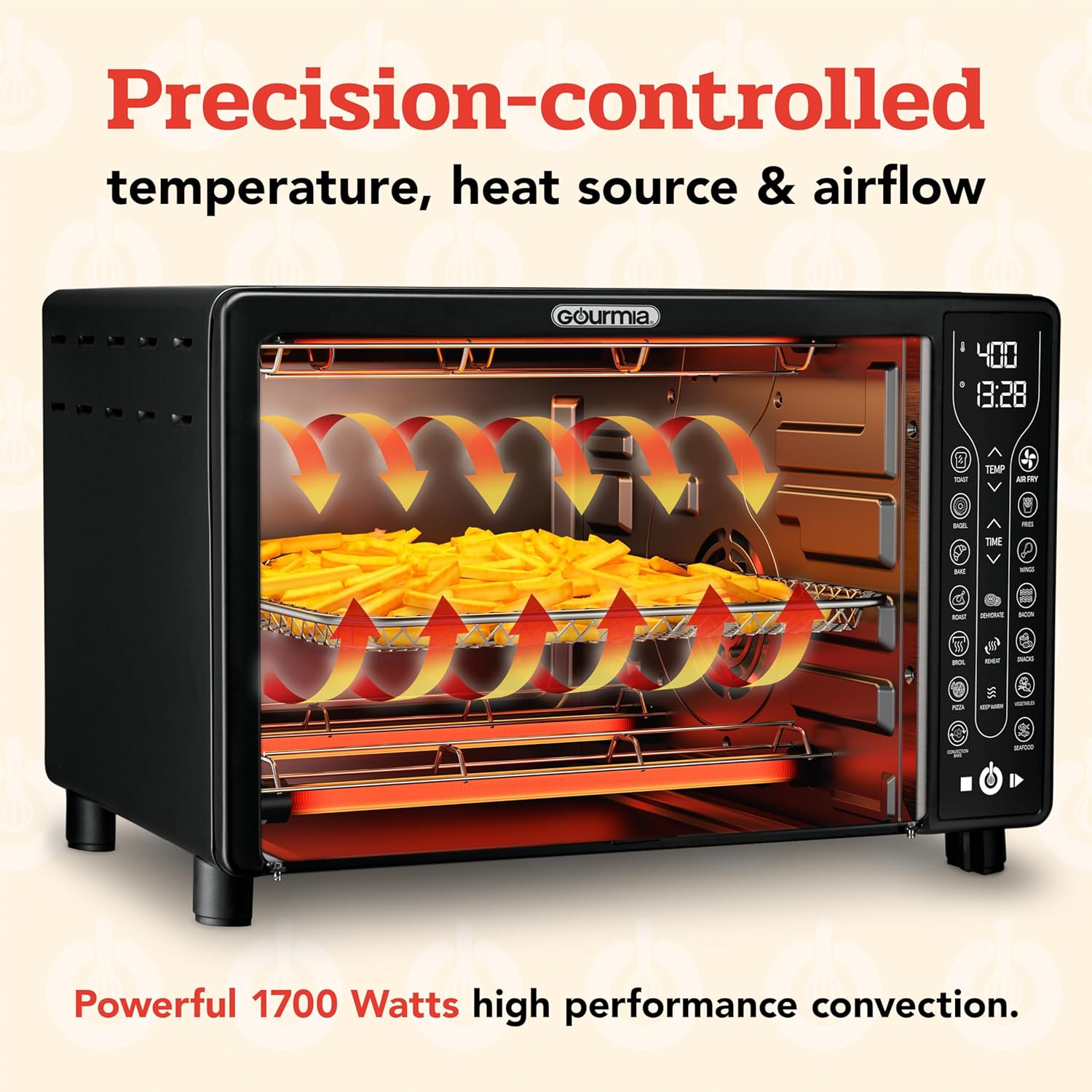 Gourmia Toaster Oven Air Fryer Combo 17 cooking presets 1700W french door digital air fryer oven 24L capacity accessories, convection rack, baking pan tray recipe book GTF7460,Large,Black Gourmia Toaster Oven Air Fryer Combo 17 cooking presets 1700W french door digital air fryer oven 24L capacity accessories, convection rack, baking pan tray recipe book GTF7460,Large,Black