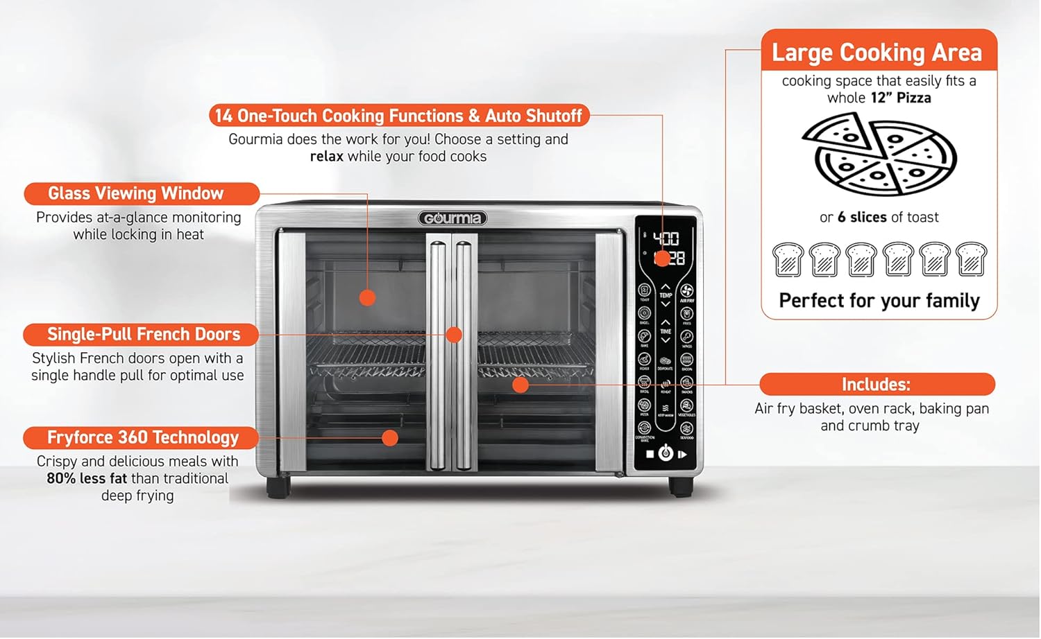 Gourmia Toaster Oven Air Fryer Combo 17 cooking presets 1700W french door digital air fryer oven 24L capacity accessories, convection rack, baking pan tray recipe book GTF7460,Large,Black Gourmia Toaster Oven Air Fryer Combo 17 cooking presets 1700W french door digital air fryer oven 24L capacity accessories, convection rack, baking pan tray recipe book GTF7460,Large,Black