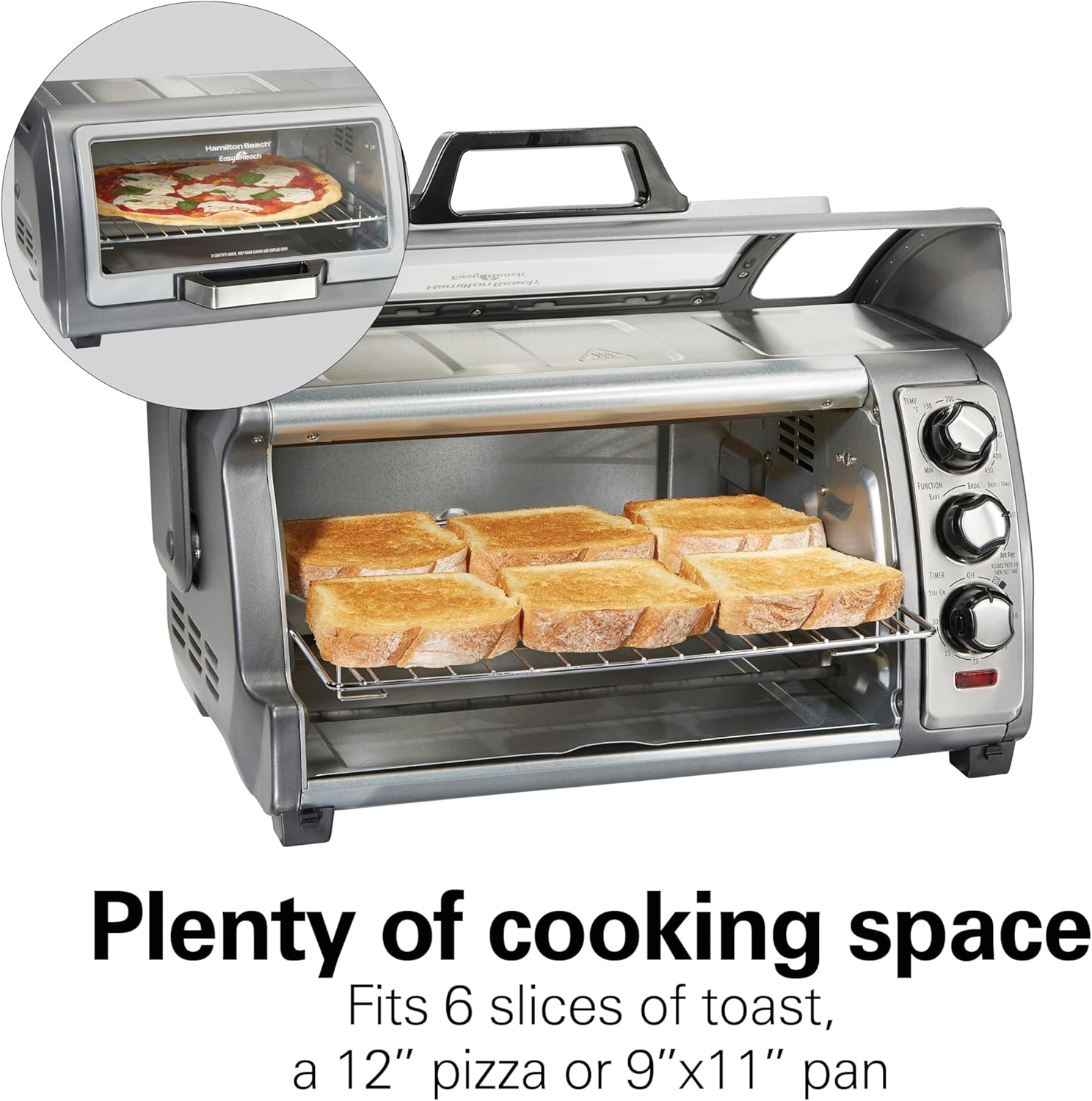 Hamilton Beach Air Fryer Toaster Oven Combo with Large Capacity, Fits 6 Slices or 12” Pizza, 4 Cooking Functions for Convection, Bake, Broil, Roll-Top Door, Easy Reach Sure-Crisp, Stainless Steel