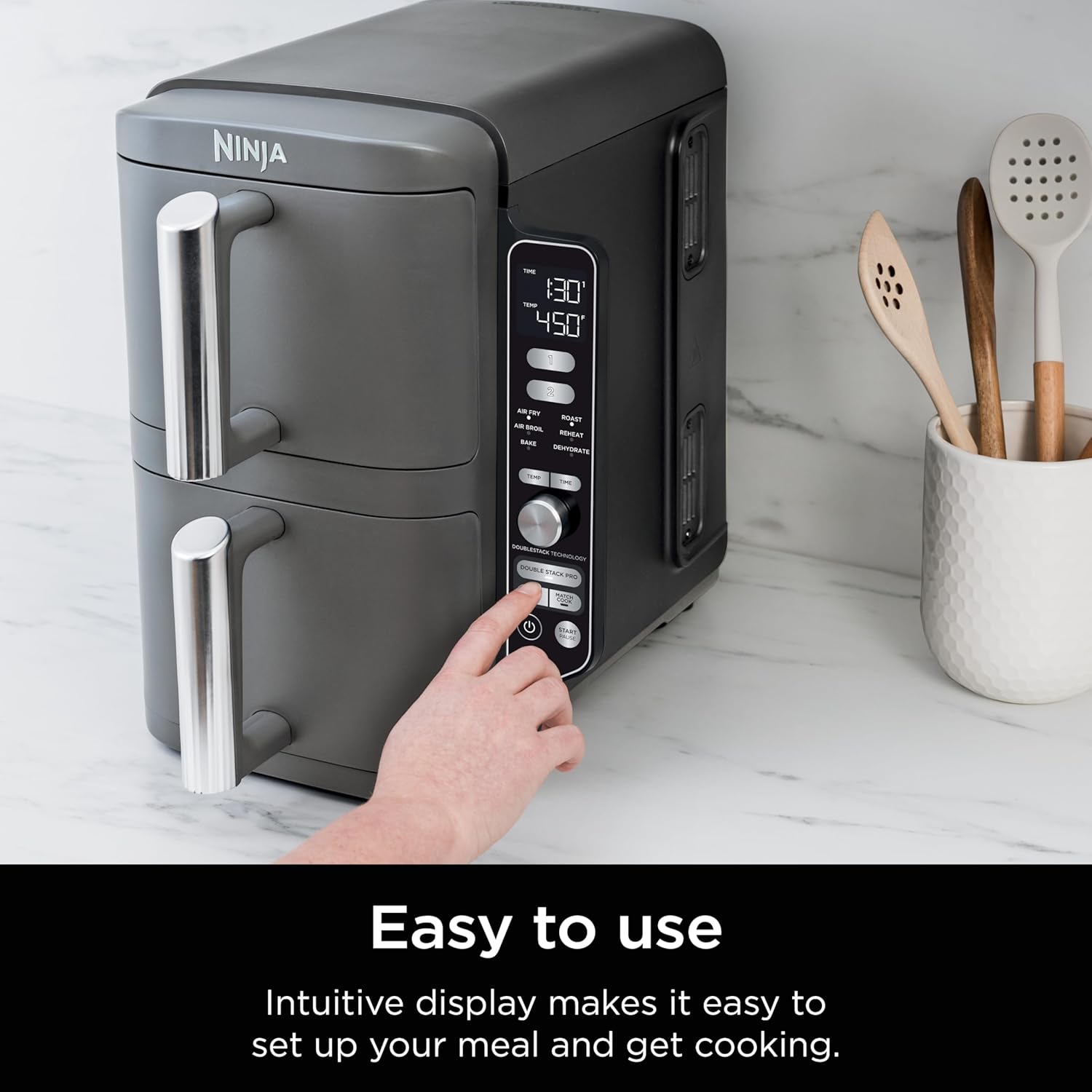 Ninja Air Fryer, 10QT DoubleStack XL 2-Basket, Compact Design, Cooks 5lb Whole Chicken, Feeds Up to 8 People, 6-in-1 Air Fryer, Roast, Bake  More, Easy to Clean, Dishwasher Safe Parts, Grey, SL401