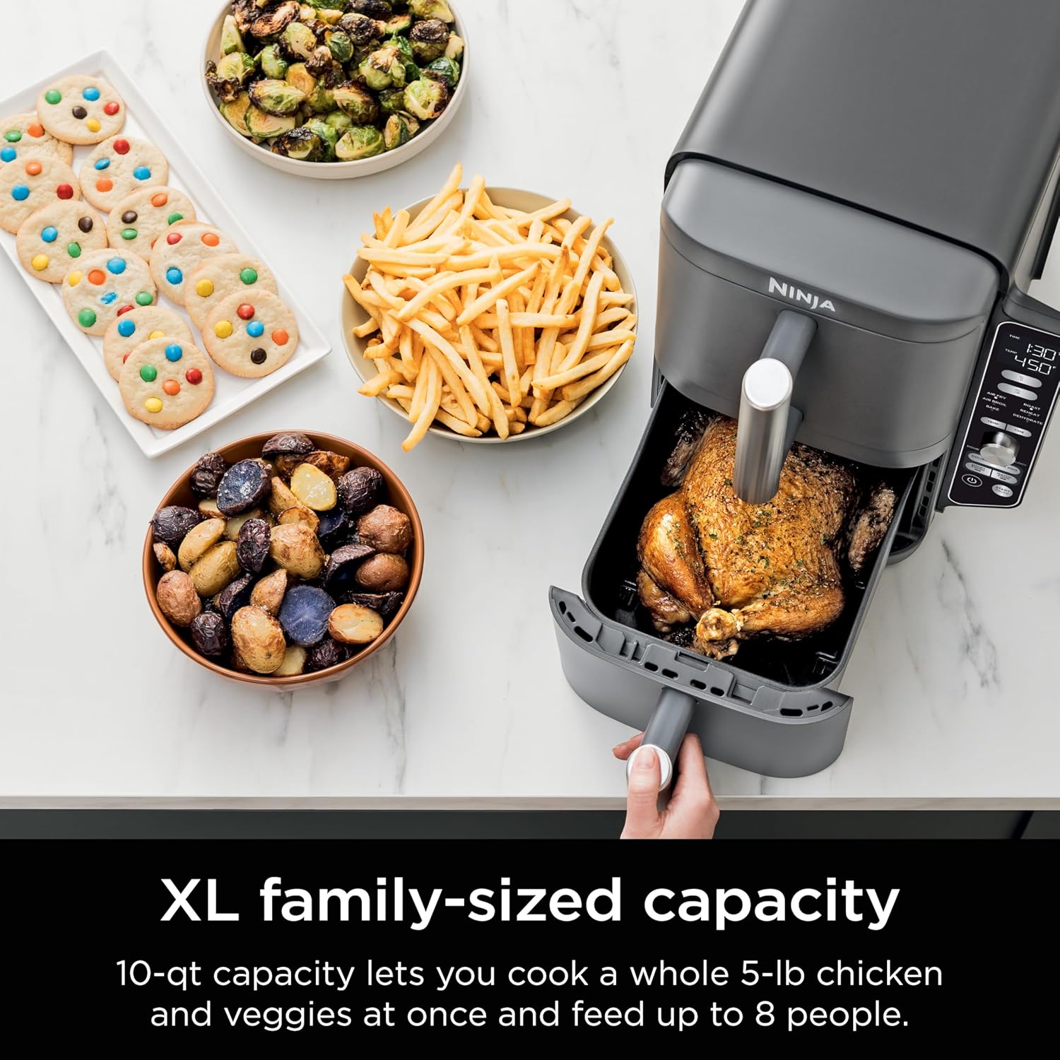 Ninja Air Fryer, 10QT DoubleStack XL 2-Basket, Compact Design, Cooks 5lb Whole Chicken, Feeds Up to 8 People, 6-in-1 Air Fryer, Roast, Bake  More, Easy to Clean, Dishwasher Safe Parts, Grey, SL401