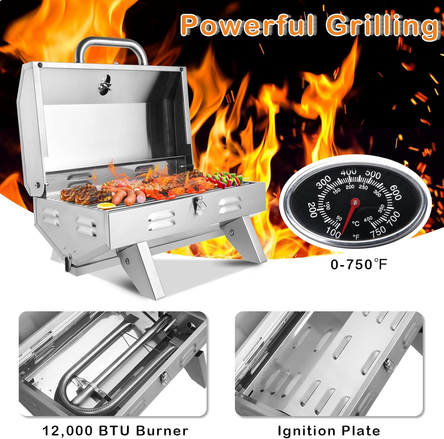 ROVSUN 12000BTU Portable Gas Grill, Outdoor Tabletop Propane Grill with Built-in Thermometer, Press Ignition  Full Stainless Steel Body for Patio Garden Backyard Camping BBQ Picnic