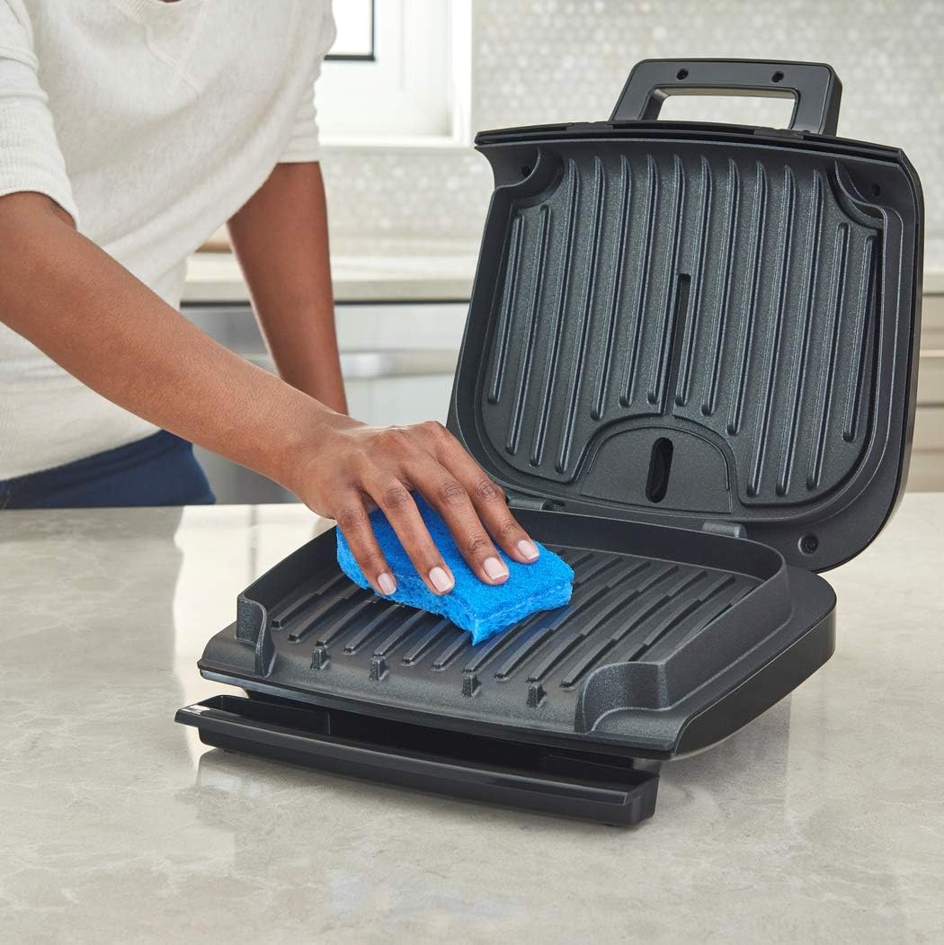 T-fal Stainless Steel Electric Grill 4 Servings Advanced Charcoal Filtration, 900 Watts Nonstick, Dishwasher Safe, Indoor, Frozen Food Silver and Black