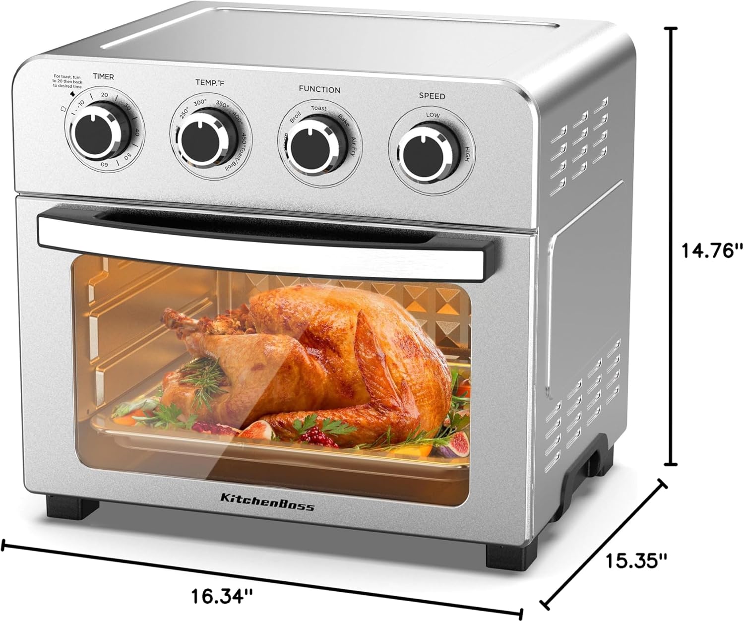 KitchenBoss Air Fryer Toaster Oven: 24.3QT/23L Airfryer with Warm, Broil, Toast, Bake, Air Fry 5-in-1 Functions, Knob Control 1700W Toaster Oven Countertop with 4 Accessories, Stainless Steel