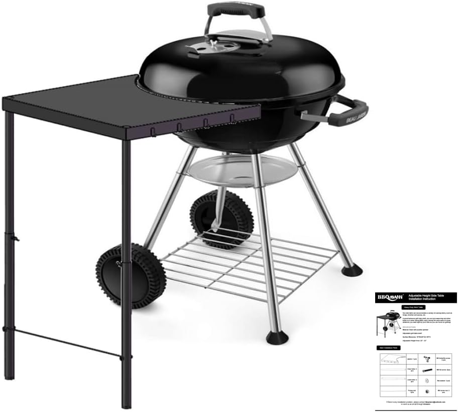 Side Table for 18, 22 Weber Kettle Grill, Heavy Duty Portable Side Shelf for Charcoal Kettle Grill, Outdoor Barbecue Worktop with Adjustable Leg