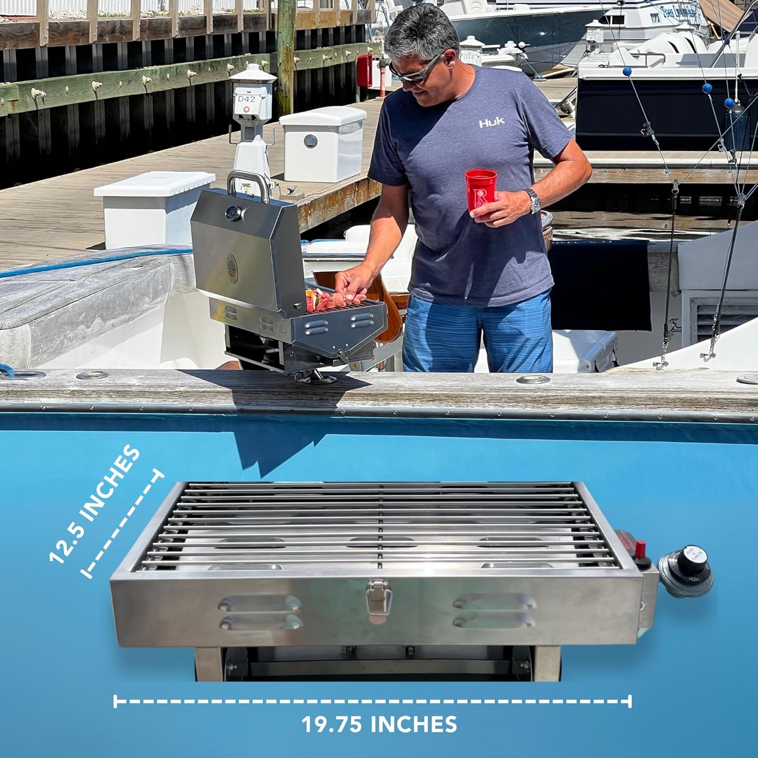 Pontoon Boat Grill - Adjustable Railing Mount - Fits 1 1/4″ Square Rail - Stainless Steel