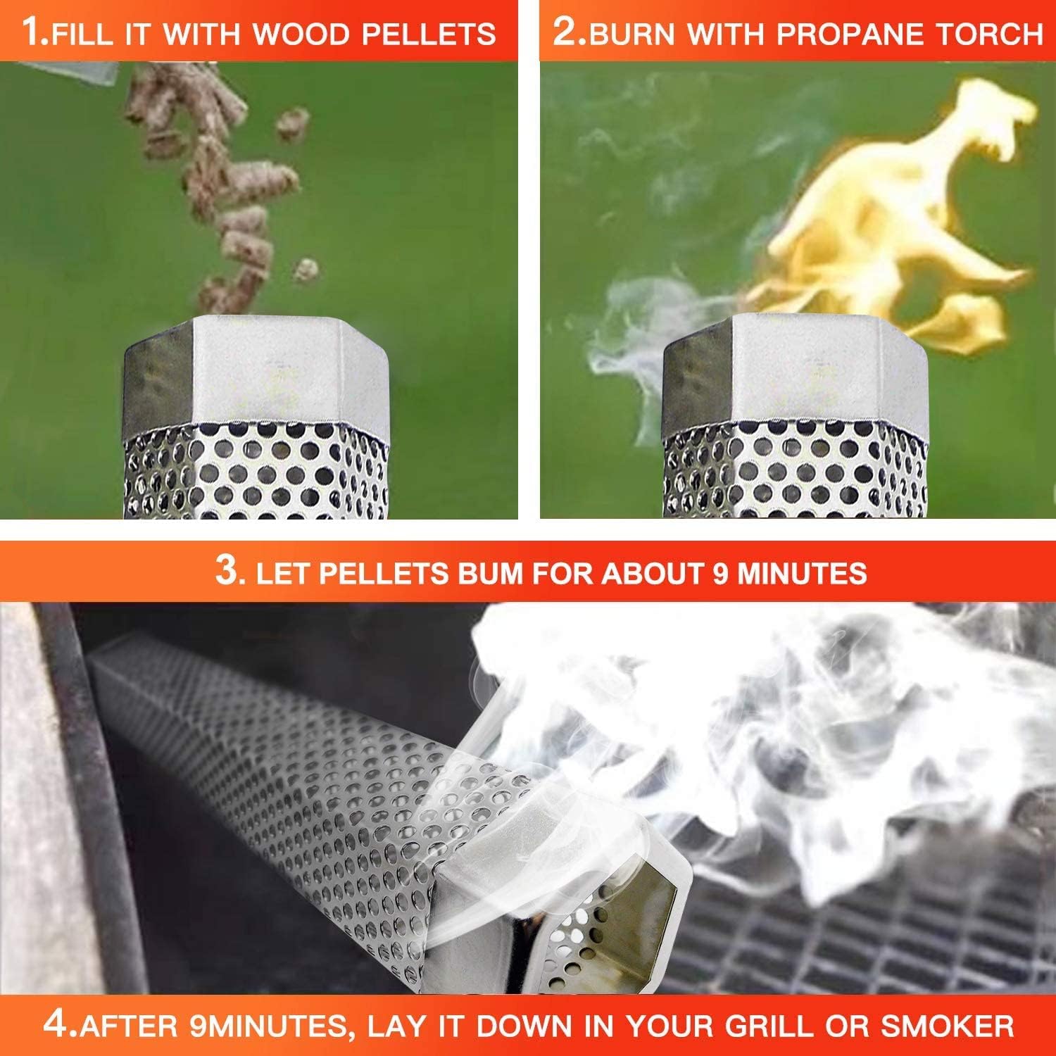 12 Pellet Smoker Tube for pellet Grill Pack Cold Smoker Generator for BBQ Stainless Steel Wood Pellet Tube Smoker Fit Electric Gas Charcoal Grill, Provides Food tong and Brush and Hook
