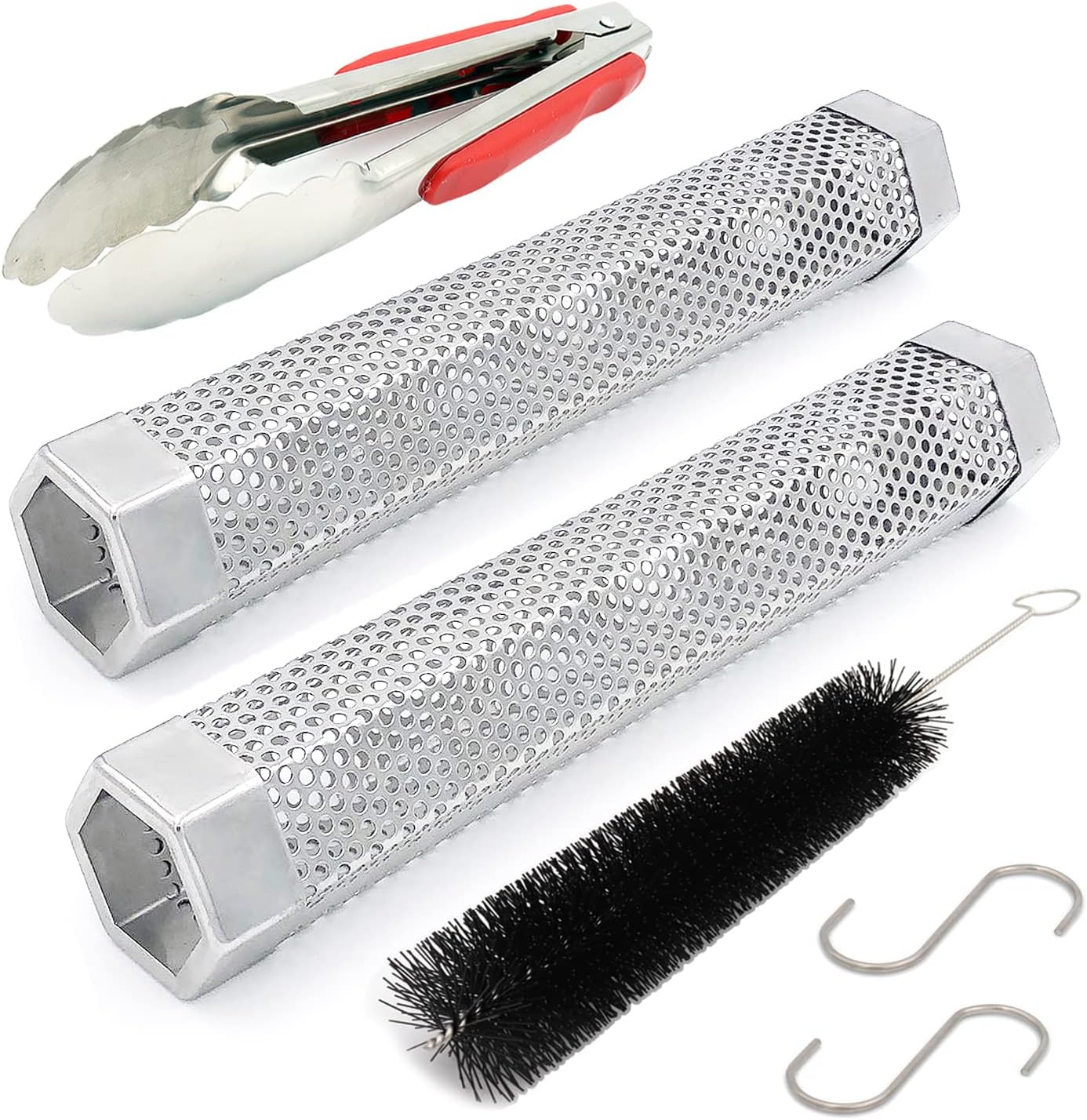 12 Pellet Smoker Tube for pellet Grill Pack Cold Smoker Generator for BBQ Stainless Steel Wood Pellet Tube Smoker Fit Electric Gas Charcoal Grill, Provides Food tong and Brush and Hook