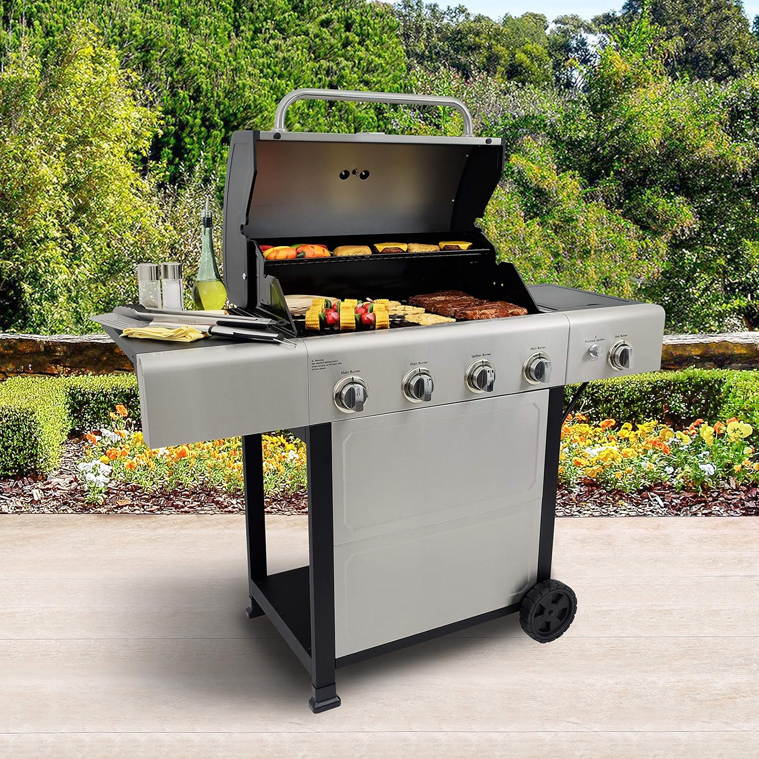 Kenmore 4-Burner Gas Grill with Side Burner, Outdoor BBQ Grill, Propane Gas Grill, Cast Iron Cooking Grates, Electronic Ignition, Warming Rack, Open Cart Design, BTUs, Stainless Steel
